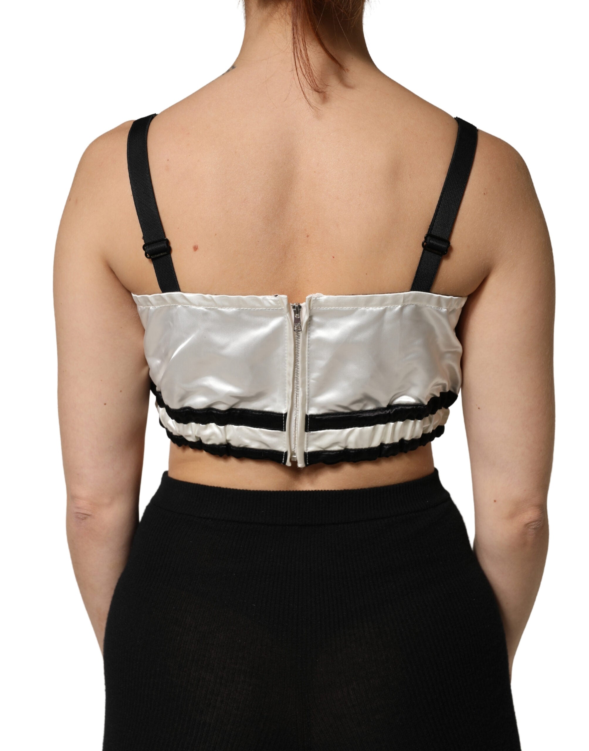 Dolce & Gabbana Weißes Seidensatin Crop Top mit schwarzem Logo Bralette