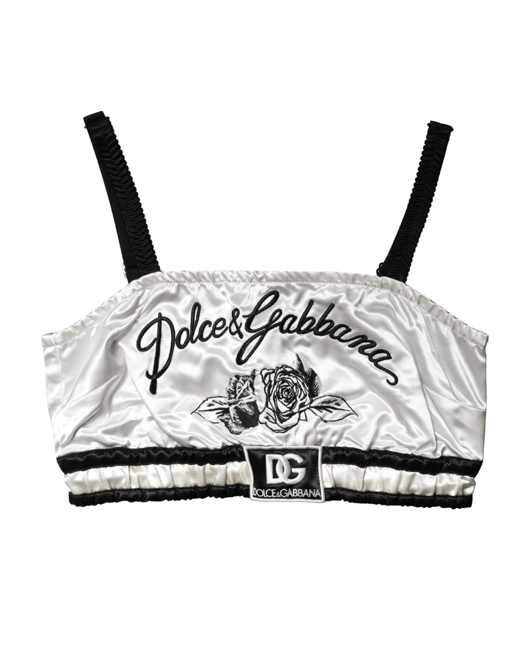 Dolce & Gabbana Weißes Seidensatin Crop Top mit schwarzem Logo Bralette