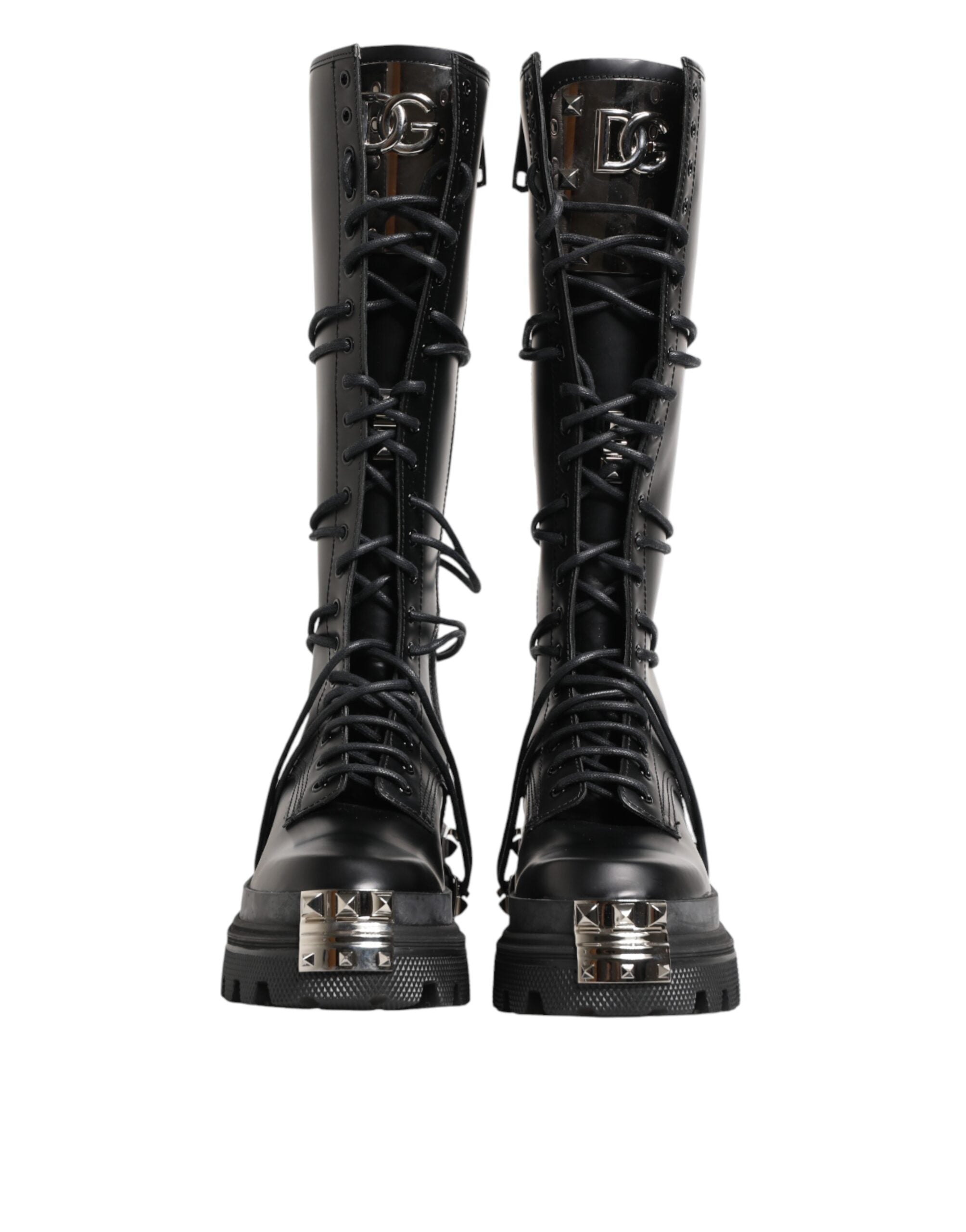 Dolce & Gabbana Schwarze kniehohe Combat-Stiefel aus Leder