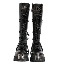 Dolce & Gabbana Schwarze kniehohe Combat-Stiefel aus Leder