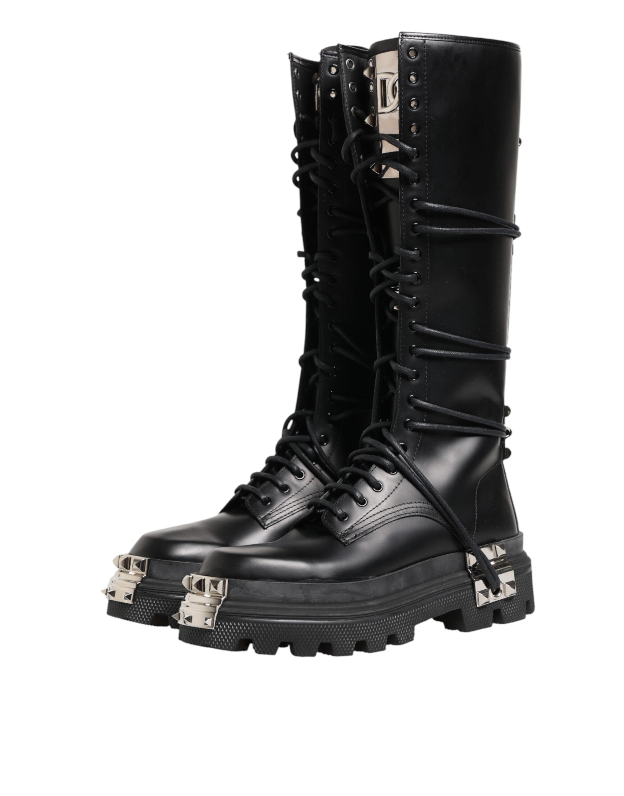 Dolce & Gabbana Schwarze kniehohe Combat-Stiefel aus Leder