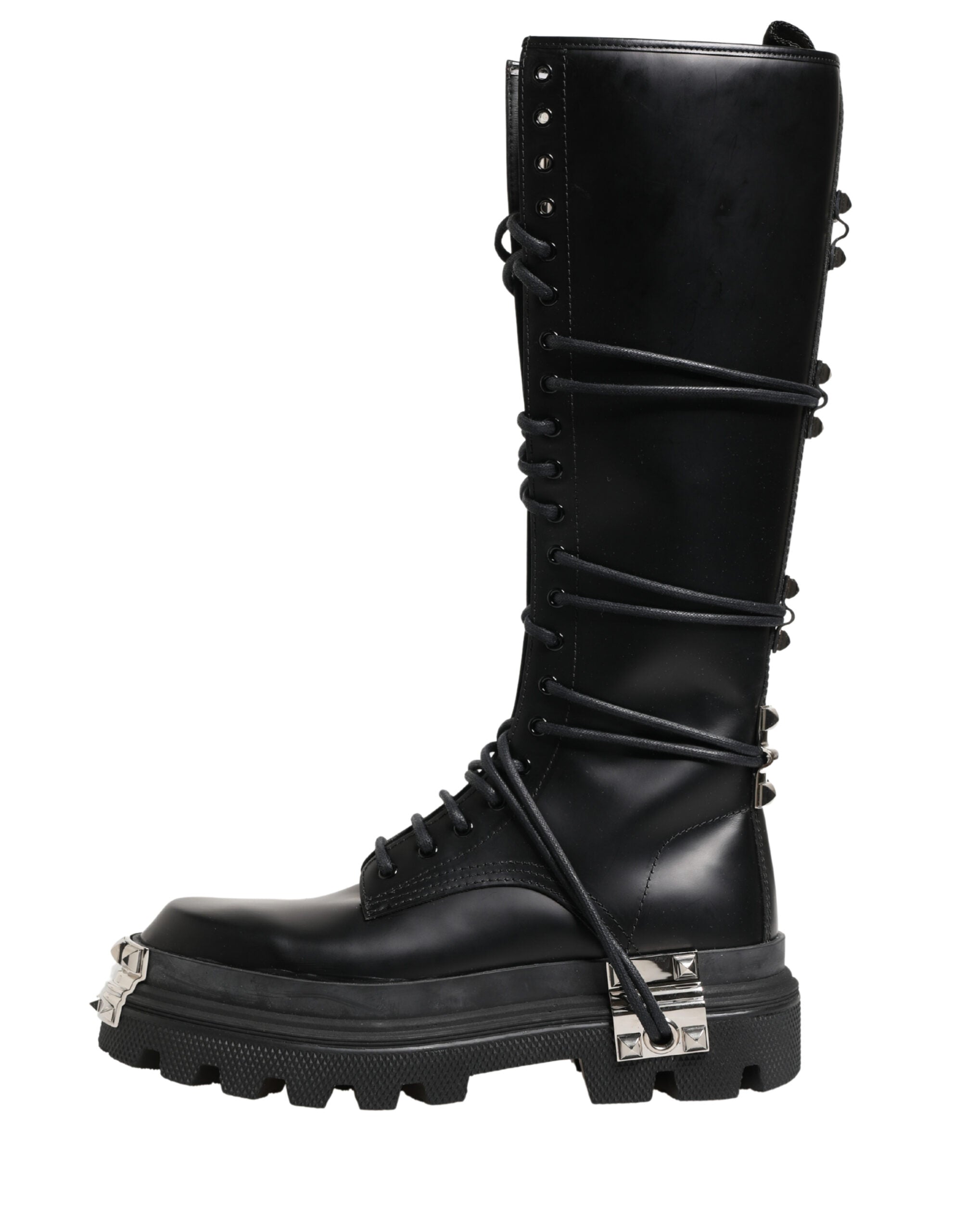 Dolce & Gabbana Schwarze kniehohe Combat-Stiefel aus Leder