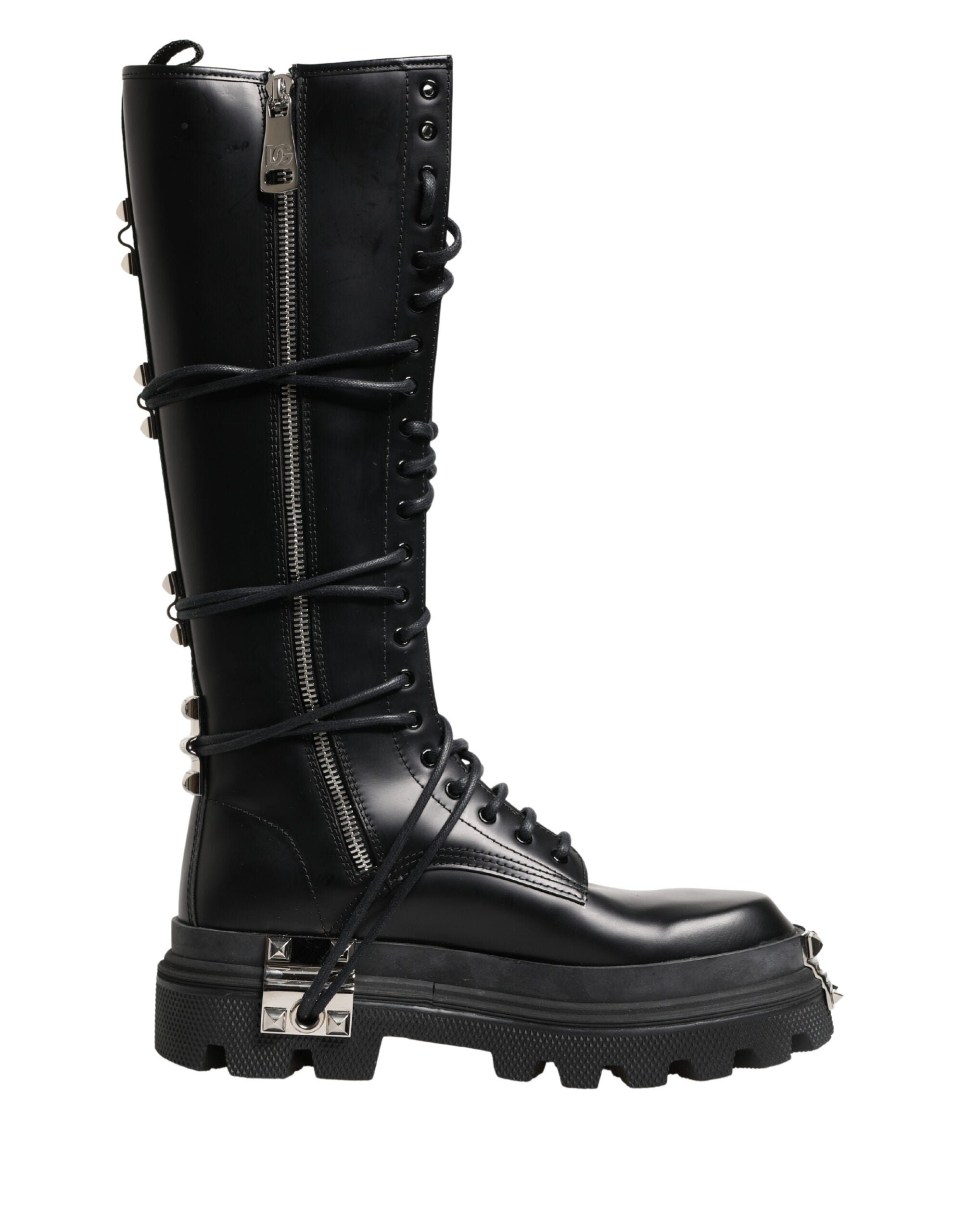 Dolce & Gabbana Schwarze kniehohe Combat-Stiefel aus Leder