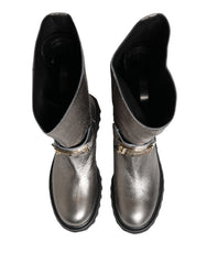 Dolce & Gabbana Metallic Silver Leather Mid Calf Boots Shoes