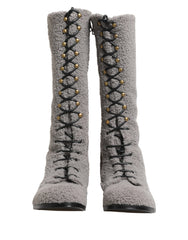 Dolce & Gabbana Graue Shearling-Schnürstiefel, kniehoch