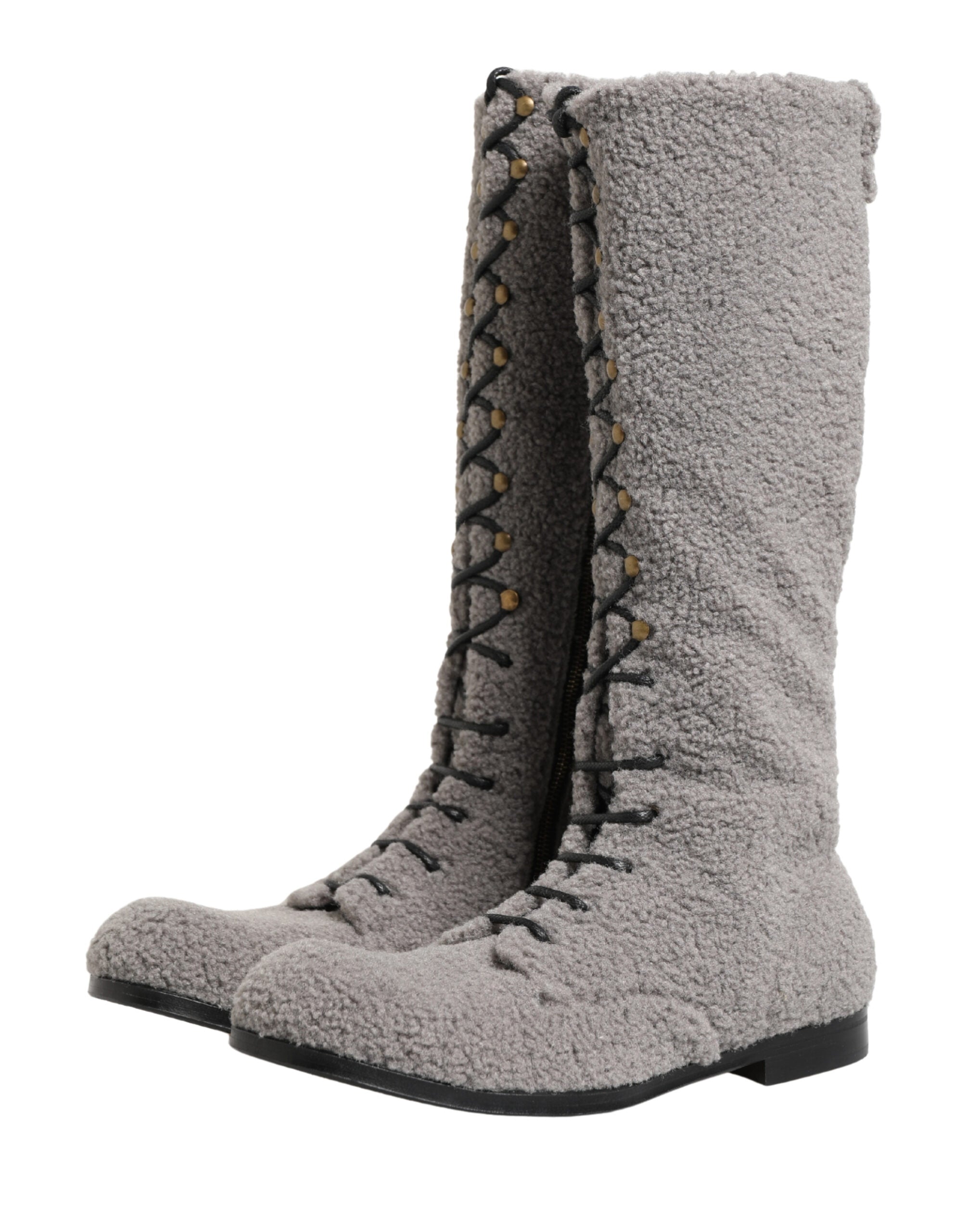 Dolce & Gabbana Graue Shearling-Schnürstiefel, kniehoch