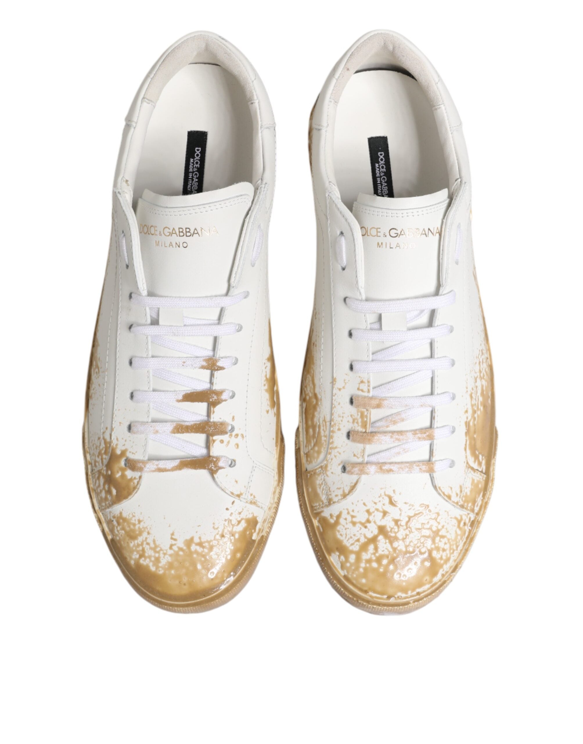 Dolce & Gabbana Weiße Leder-Sneaker mit Paint-Effekt und niedrigem Schaft