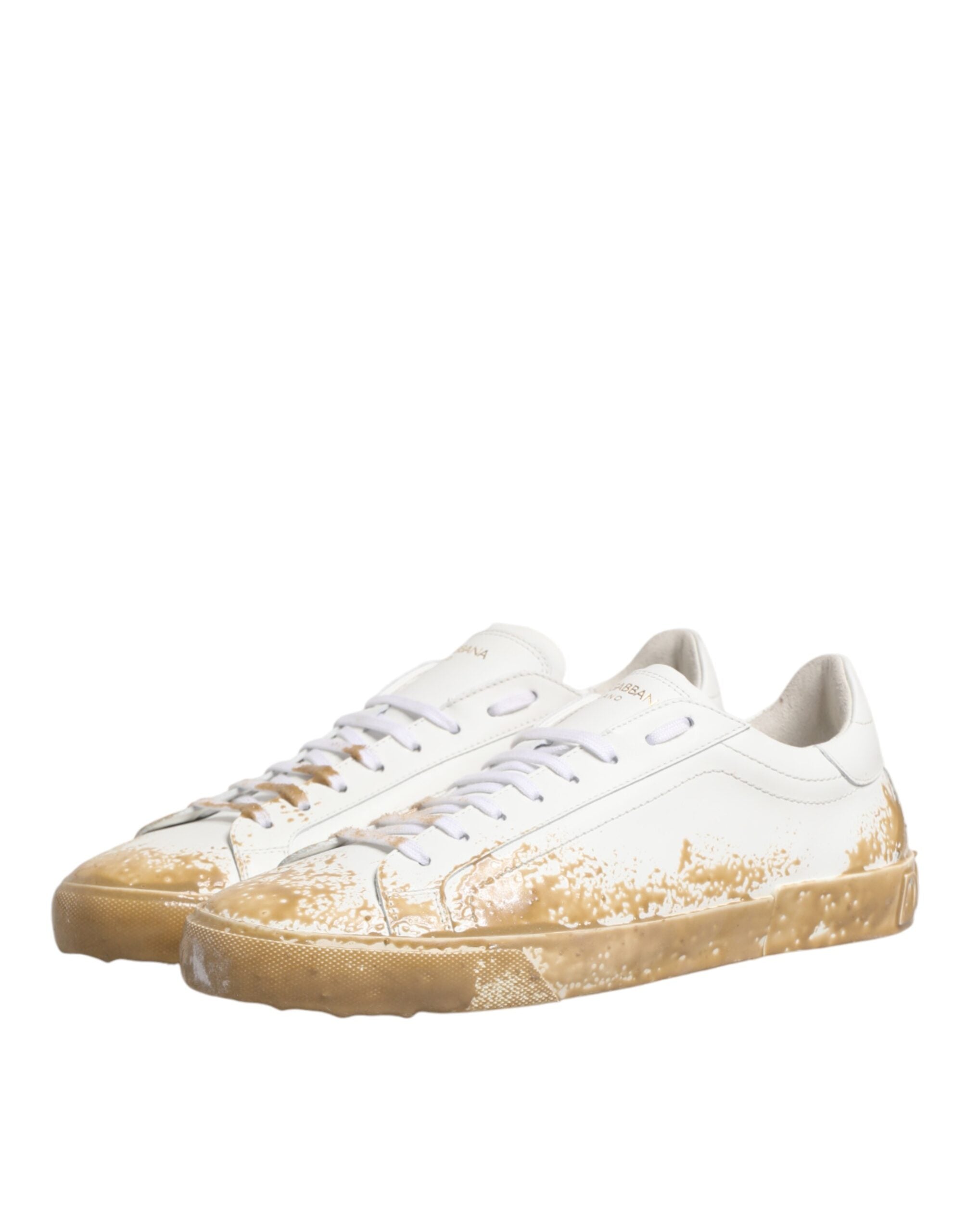 Dolce & Gabbana Weiße Leder-Sneaker mit Paint-Effekt und niedrigem Schaft