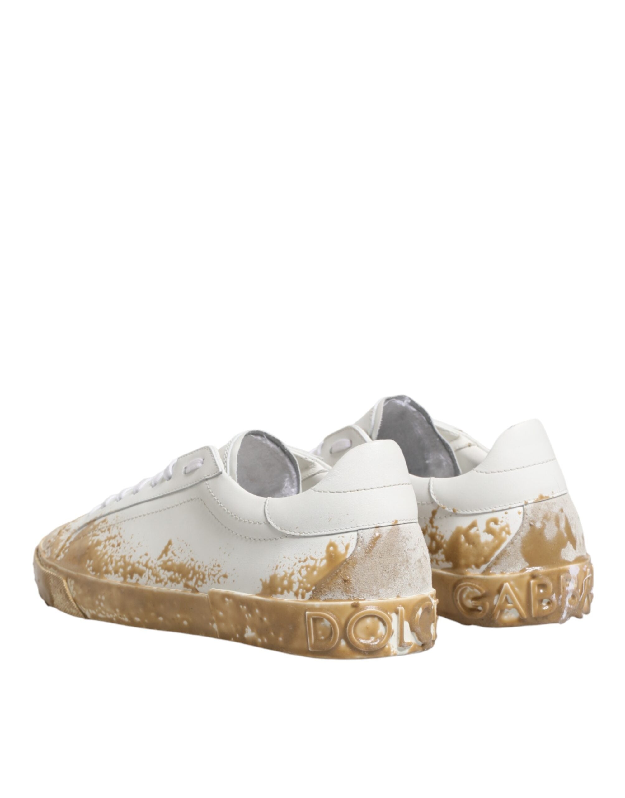 Dolce & Gabbana Weiße Leder-Sneaker mit Paint-Effekt und niedrigem Schaft