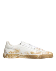 Dolce & Gabbana Weiße Leder-Sneaker mit Paint-Effekt und niedrigem Schaft