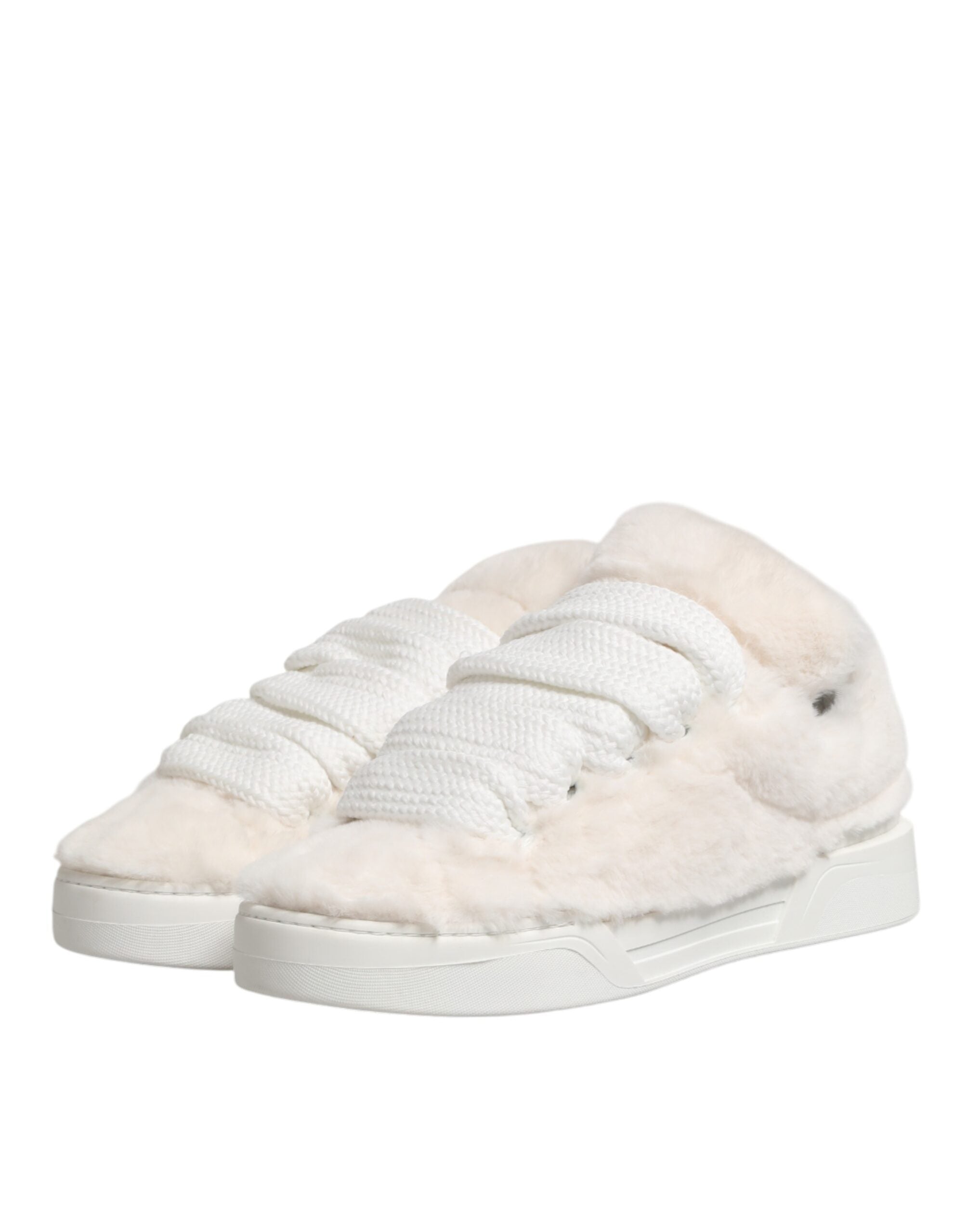 Dolce & Gabbana Weiße Lammfell-Pelz Bianco Low Top Sneaker Schuhe