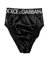 Dolce & Gabbana Schwarzer Satin-High-Waist Slip mit Logo für Damen Unterwäsche