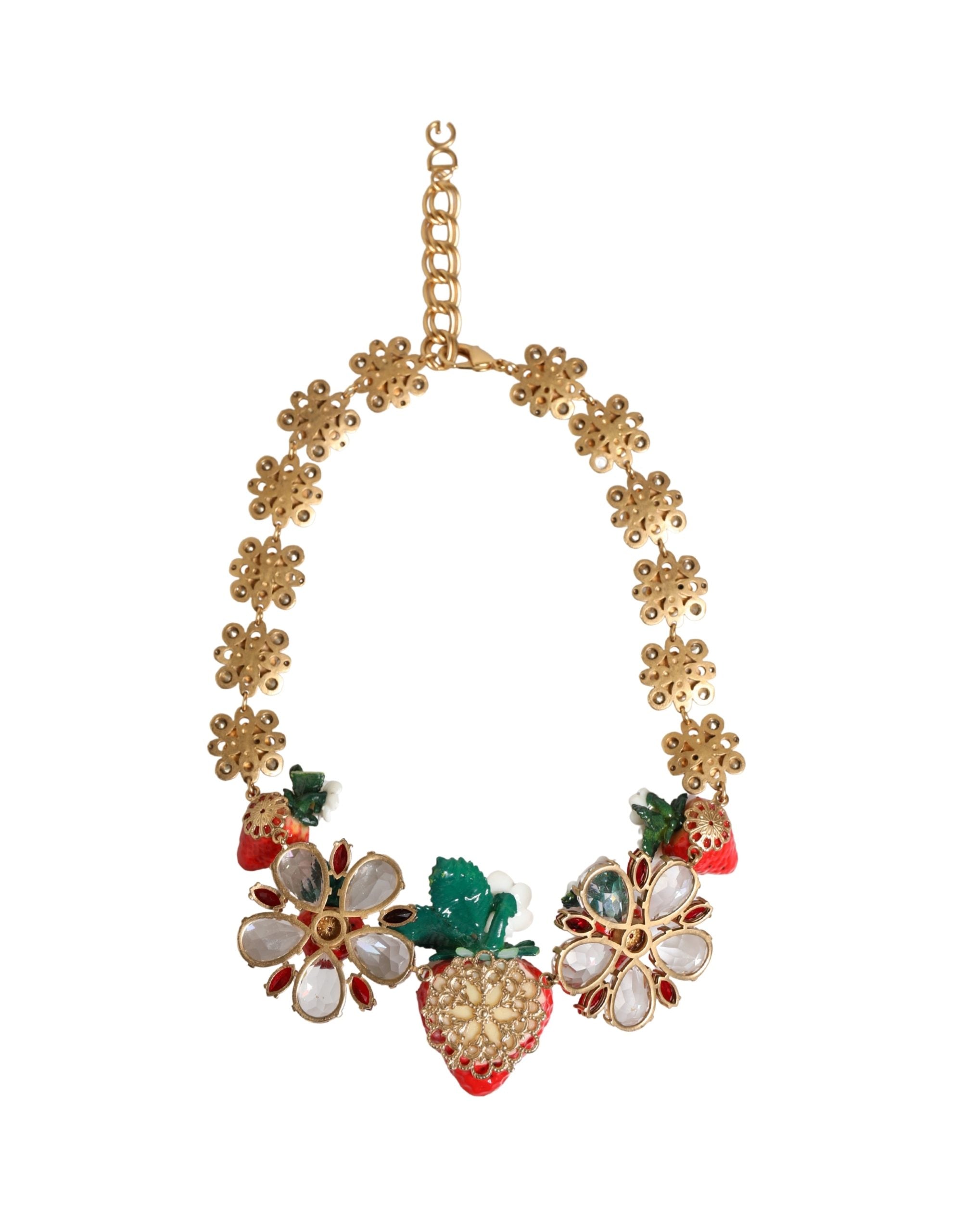 Dolce & Gabbana Goldfarbenes Messing FRUCHT-Anhänger Blumen Kristall-Logo-Halskette