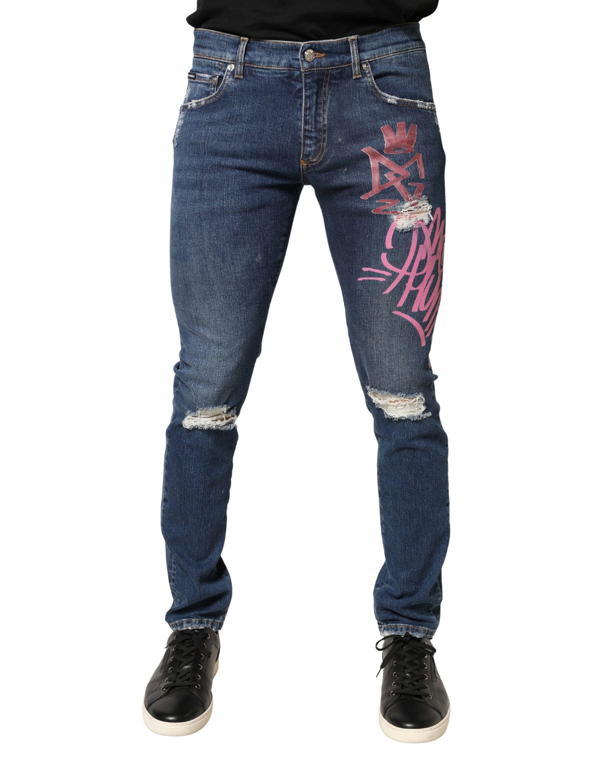 Dolce & Gabbana Blaue Skinny Jeans mit Used-Graffiti-Print