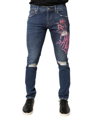 Dolce & Gabbana Blaue Skinny Jeans mit Used-Graffiti-Print