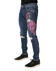 Dolce & Gabbana Blaue Skinny Jeans mit Used-Graffiti-Print