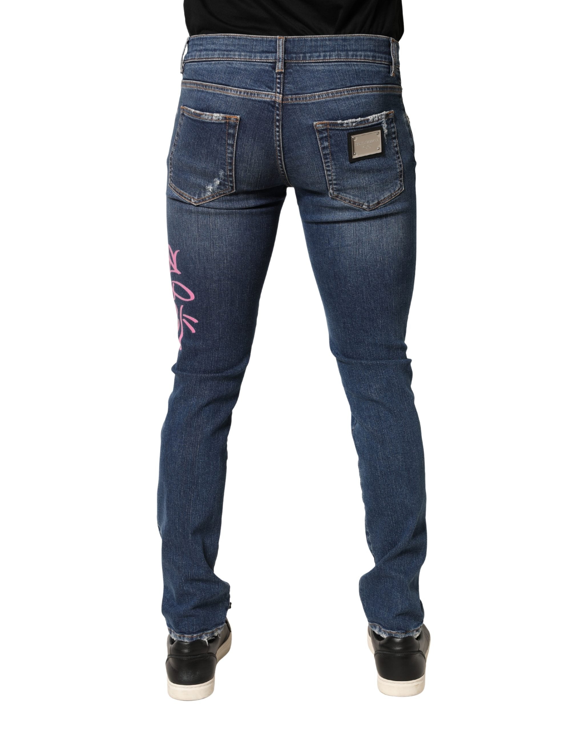 Dolce & Gabbana Blaue Skinny Jeans mit Used-Graffiti-Print