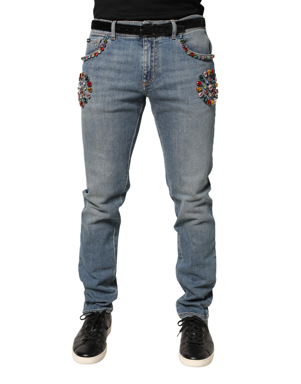Dolce & Gabbana Blaue verzierte lockere Baumwoll-Jeans für Herren
