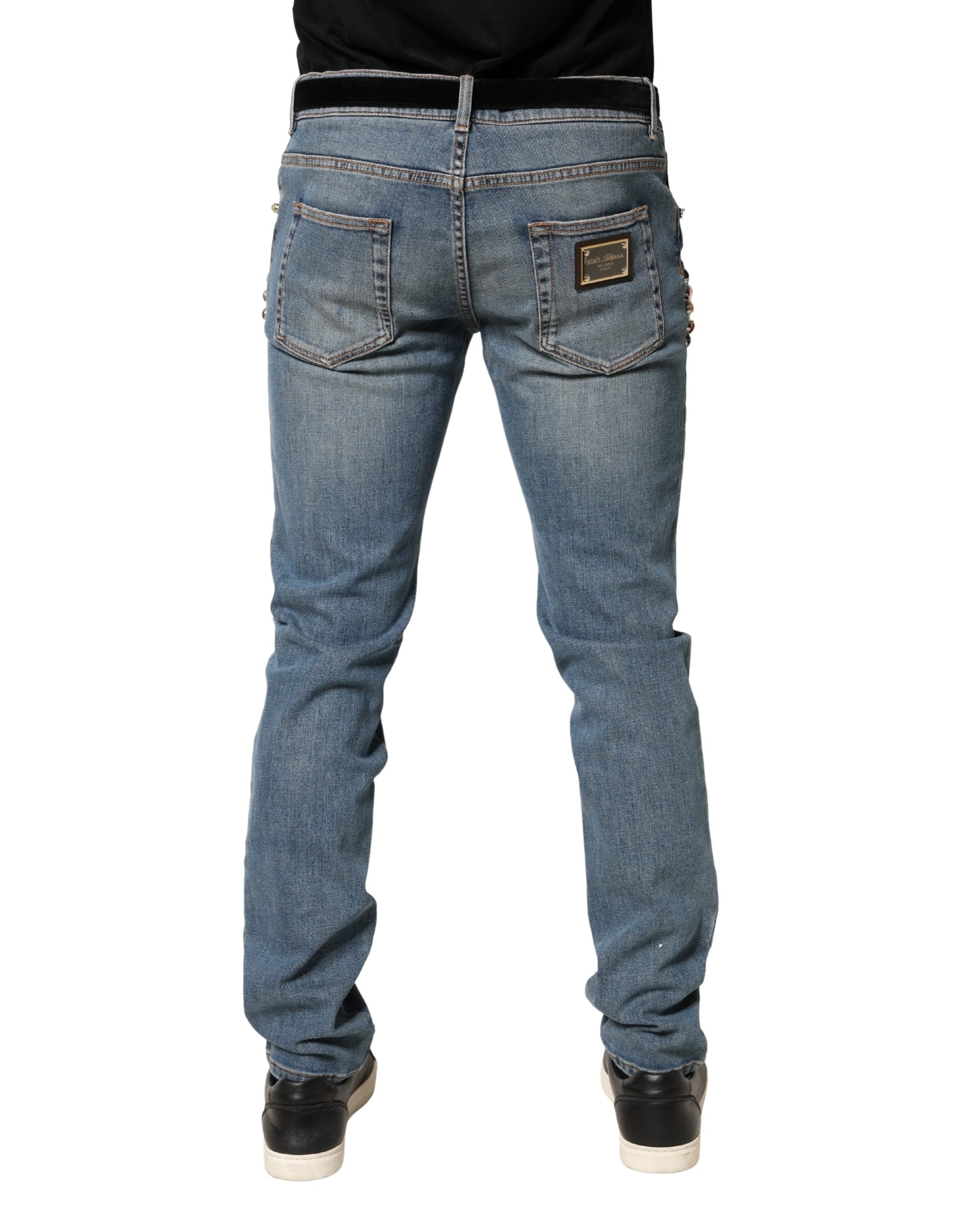Dolce & Gabbana Blaue verzierte lockere Baumwoll-Jeans für Herren