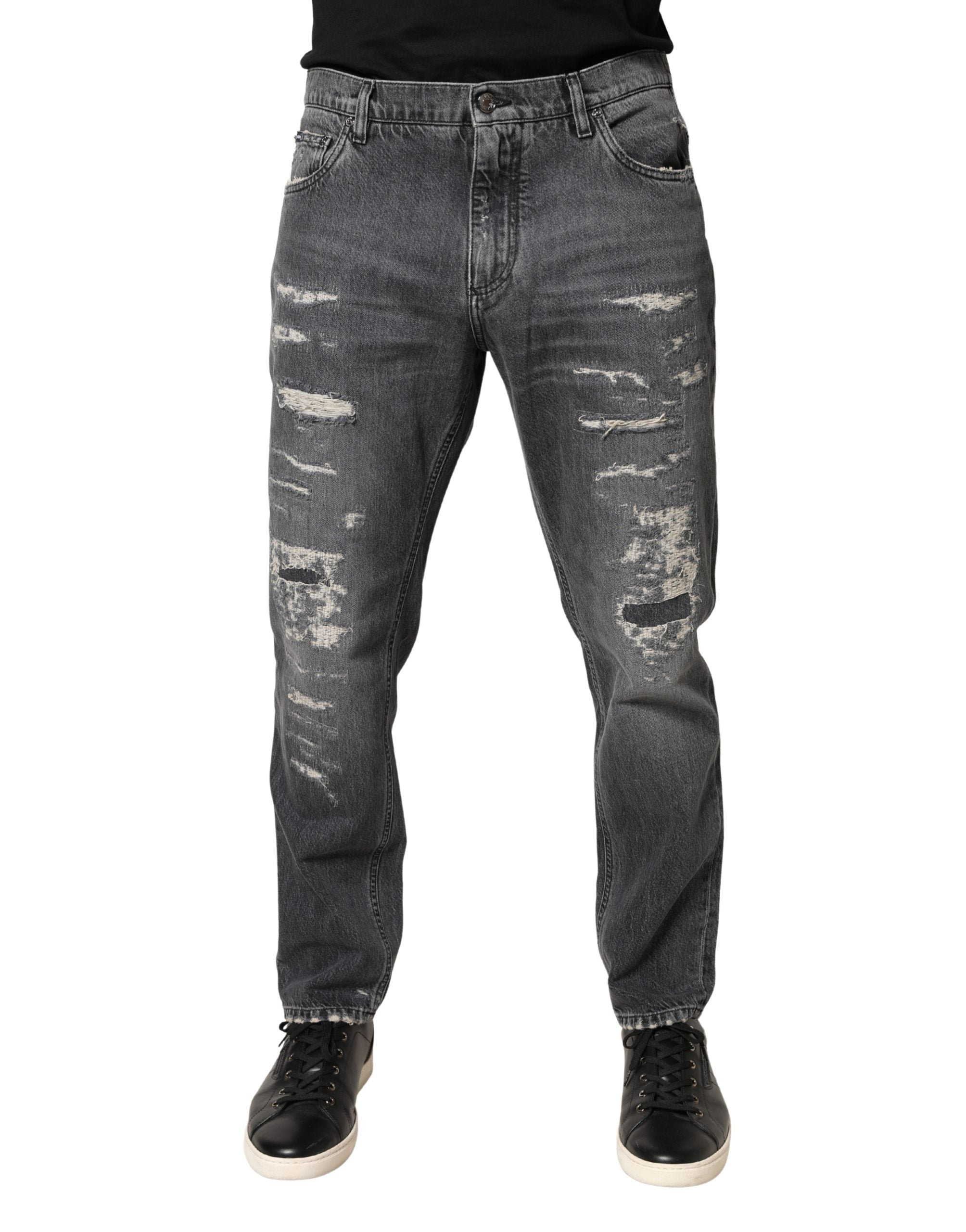 Dolce & Gabbana Dunkelgraue Jeans aus zerrissener Baumwolle mit lockerer Passform
