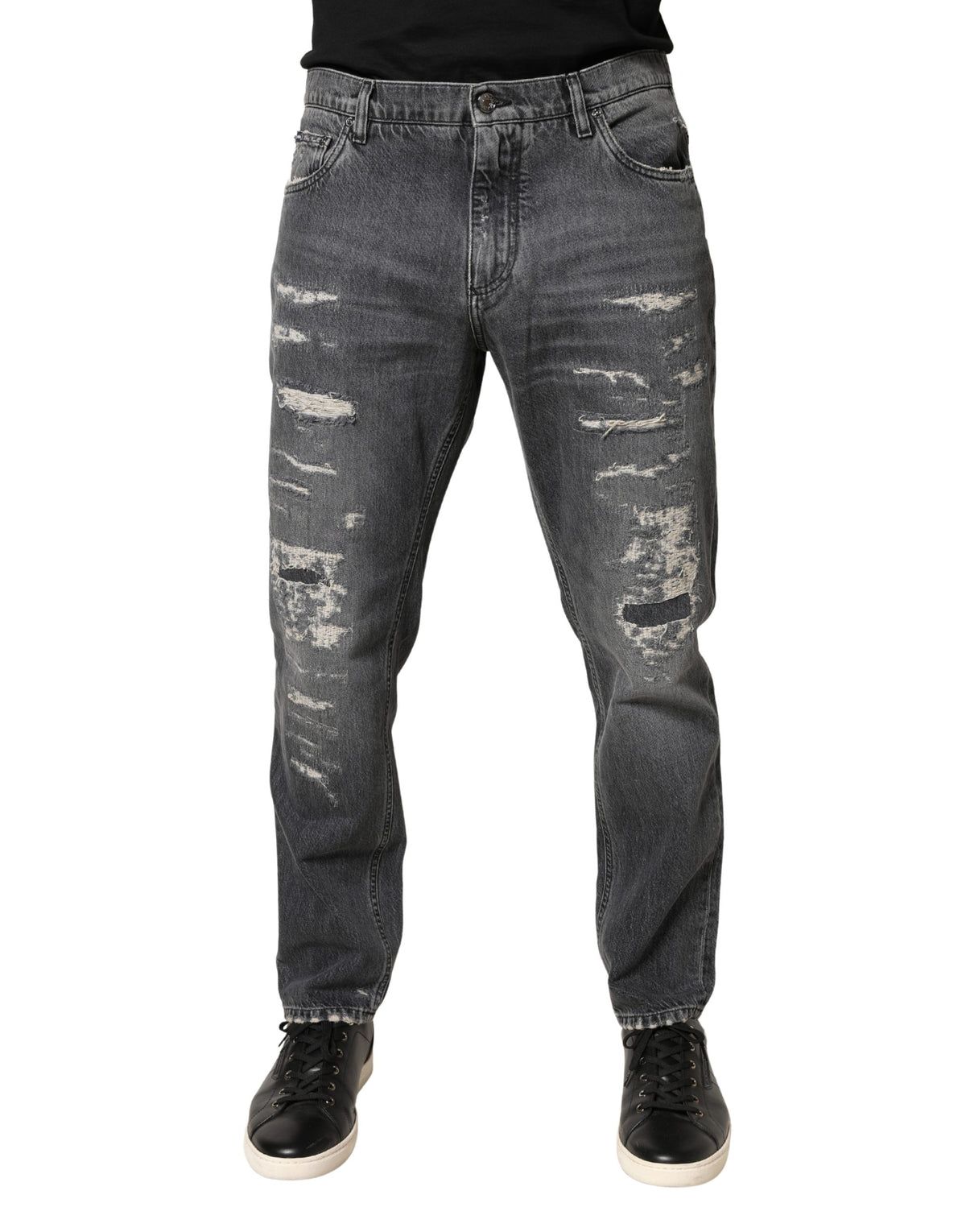 Dolce & Gabbana Dunkelgraue Jeans aus zerrissener Baumwolle mit lockerer Passform