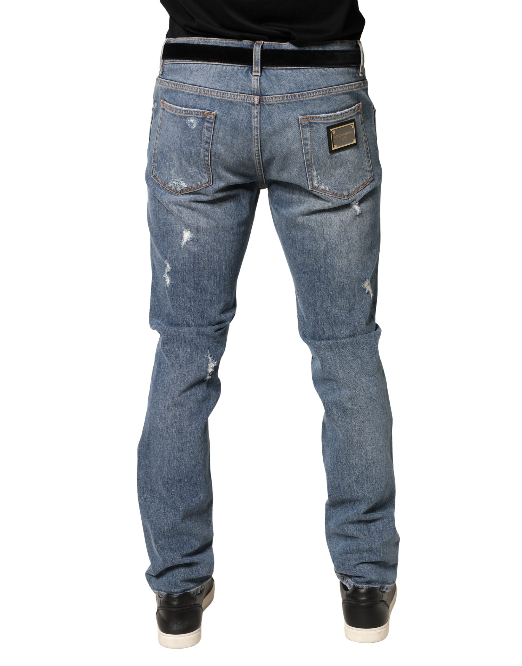 Dolce & Gabbana Blauwe Gerafelde Slim Fit Katoenen Denim Jeans