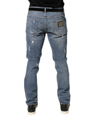 Dolce & Gabbana Blauwe Gerafelde Slim Fit Katoenen Denim Jeans