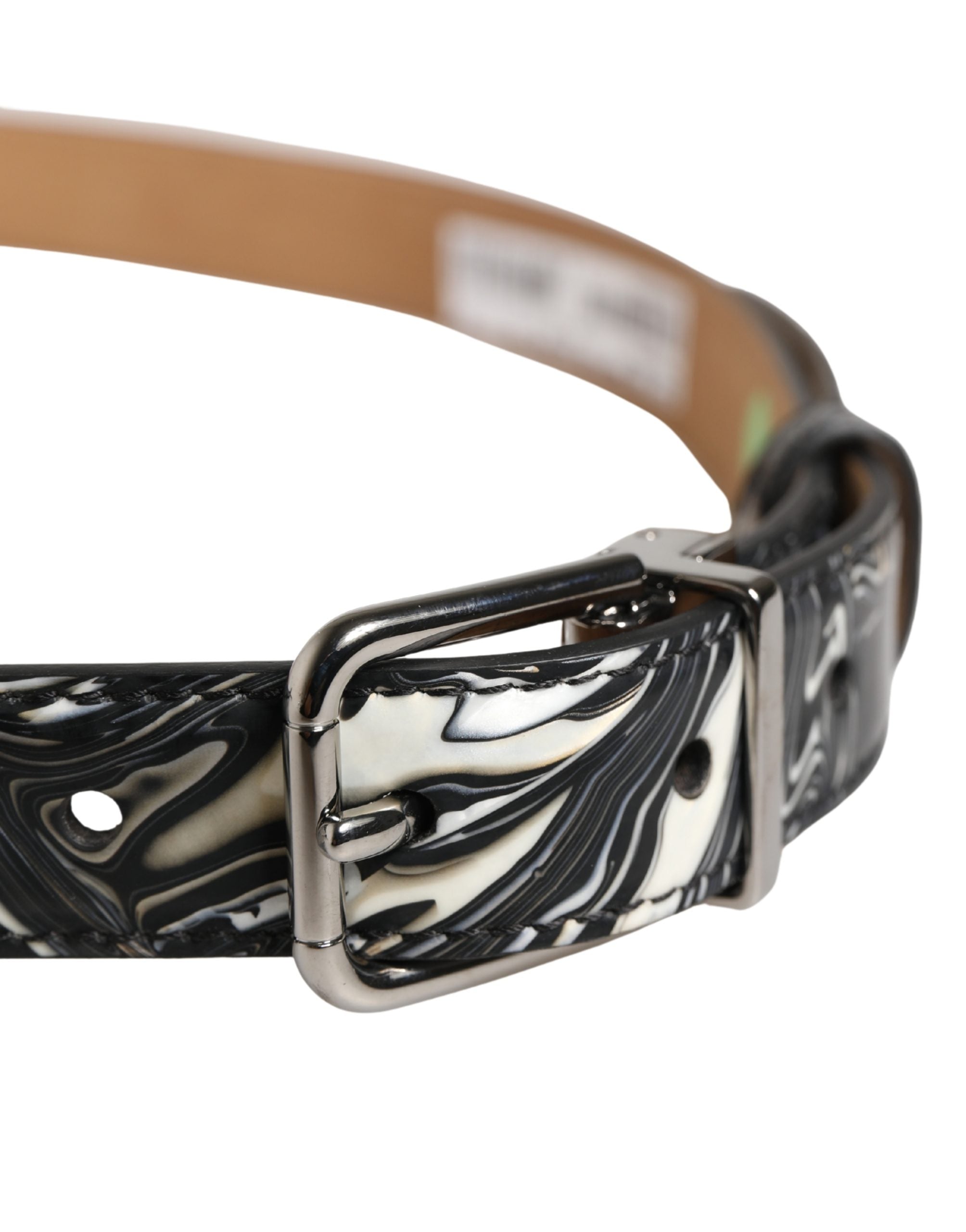 Dolce & Gabbana Men Black Marble Leather Metal Buckle Belt