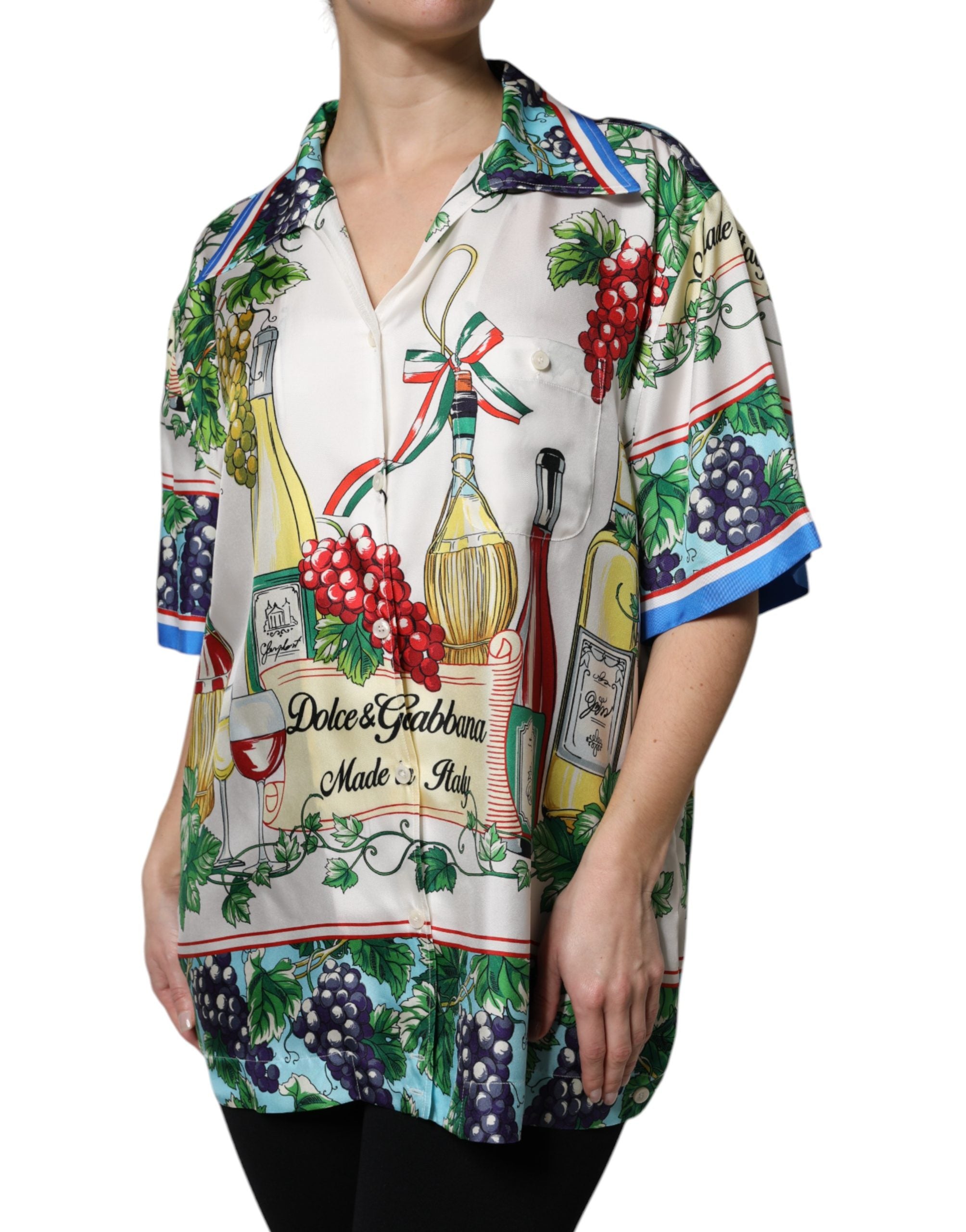 Dolce & Gabbana Mehrfarbiges Kurzarm-Seidenhemd mit Food-Motiv