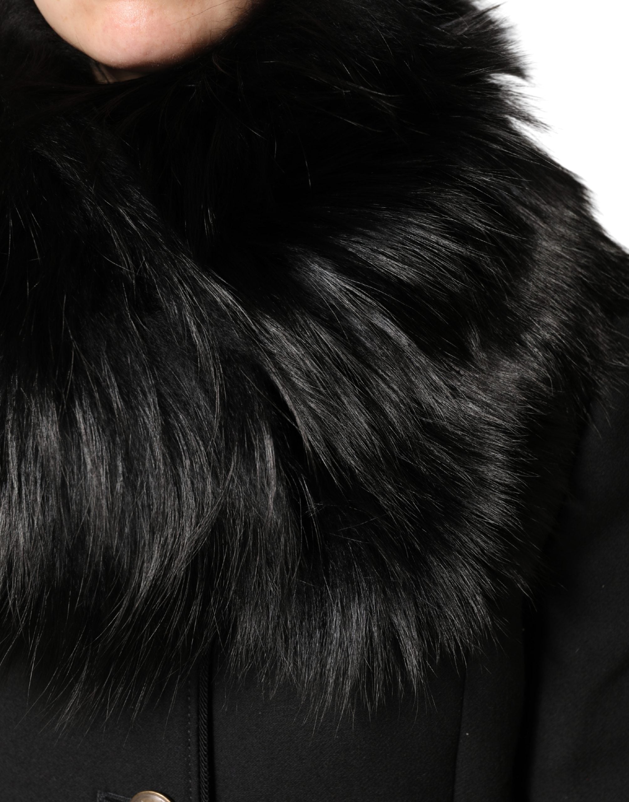 Dolce &amp; Gabbana – Schwarzer Wickelschal mit Pelzkragen und Schulter