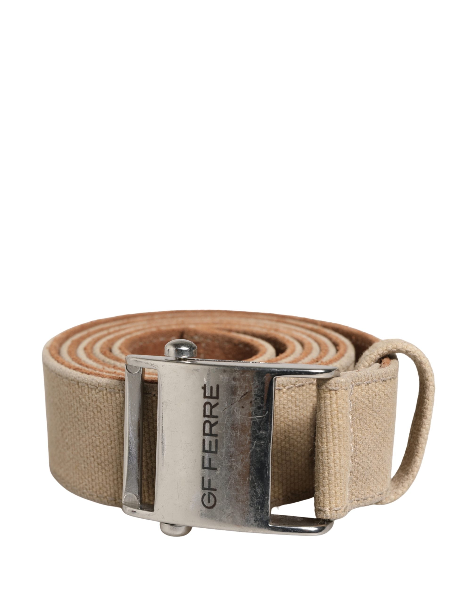 GF Ferre Herren Gürtel Beige Canvas Silber Metallschnalle