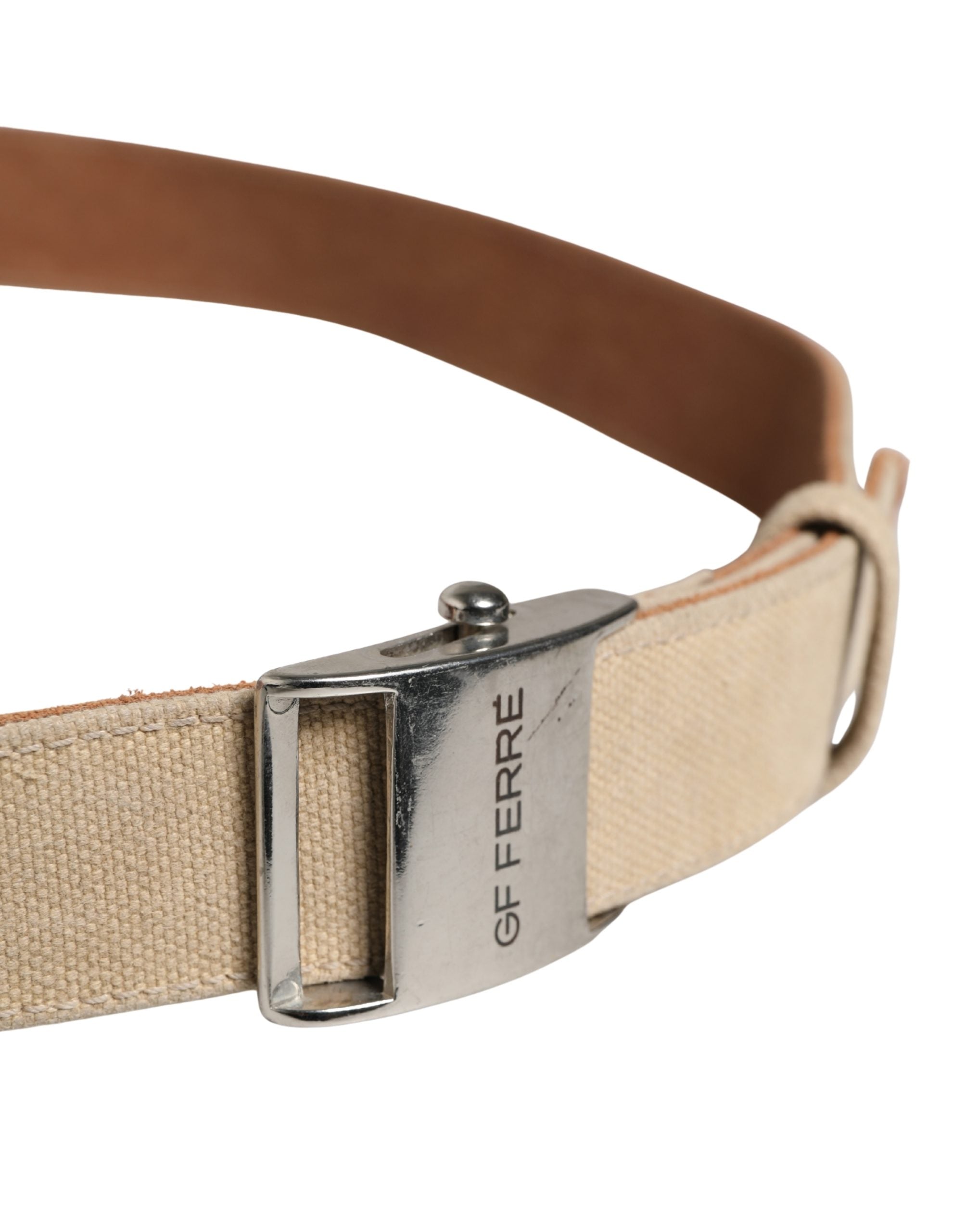 GF Ferre Herren Gürtel Beige Canvas Silber Metallschnalle