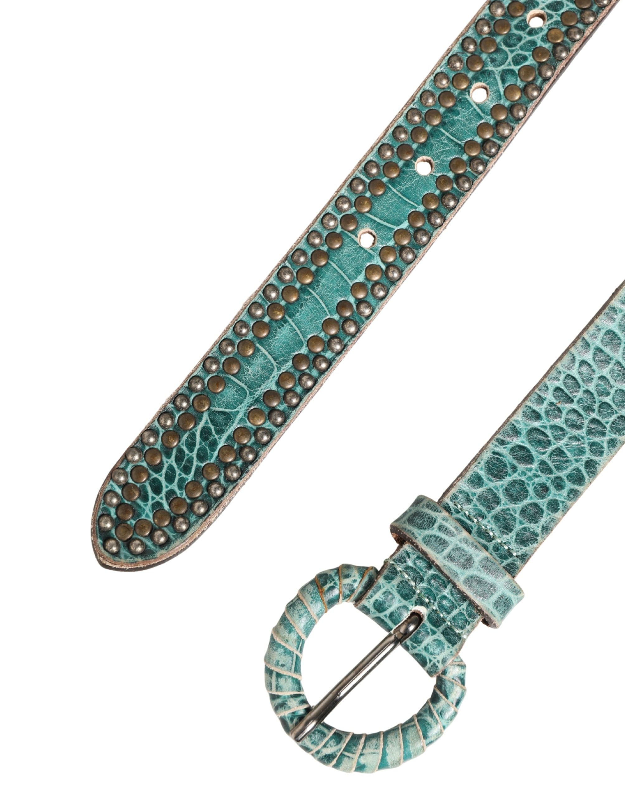 Scervino Street Damen grüner Ledergürtel mit Kroko-Print und Nieten