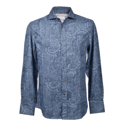 Brunello Cucinelli Blue Cotton Pattern Shirt