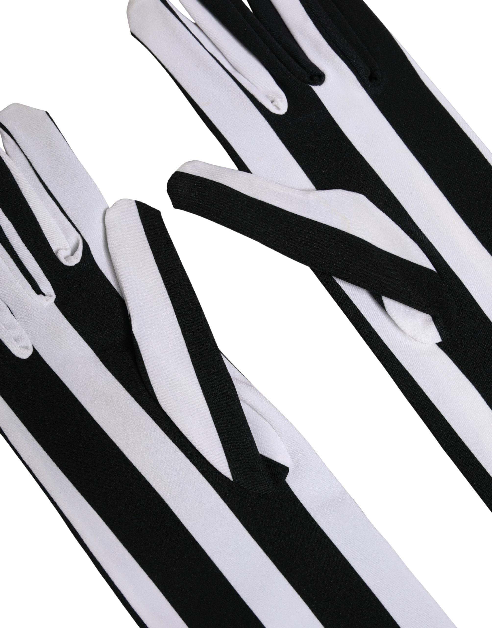 Dolce & Gabbana Schwarz-weiß gestreifte Nylon-Handschuhe für Damen, ellenbogenlang