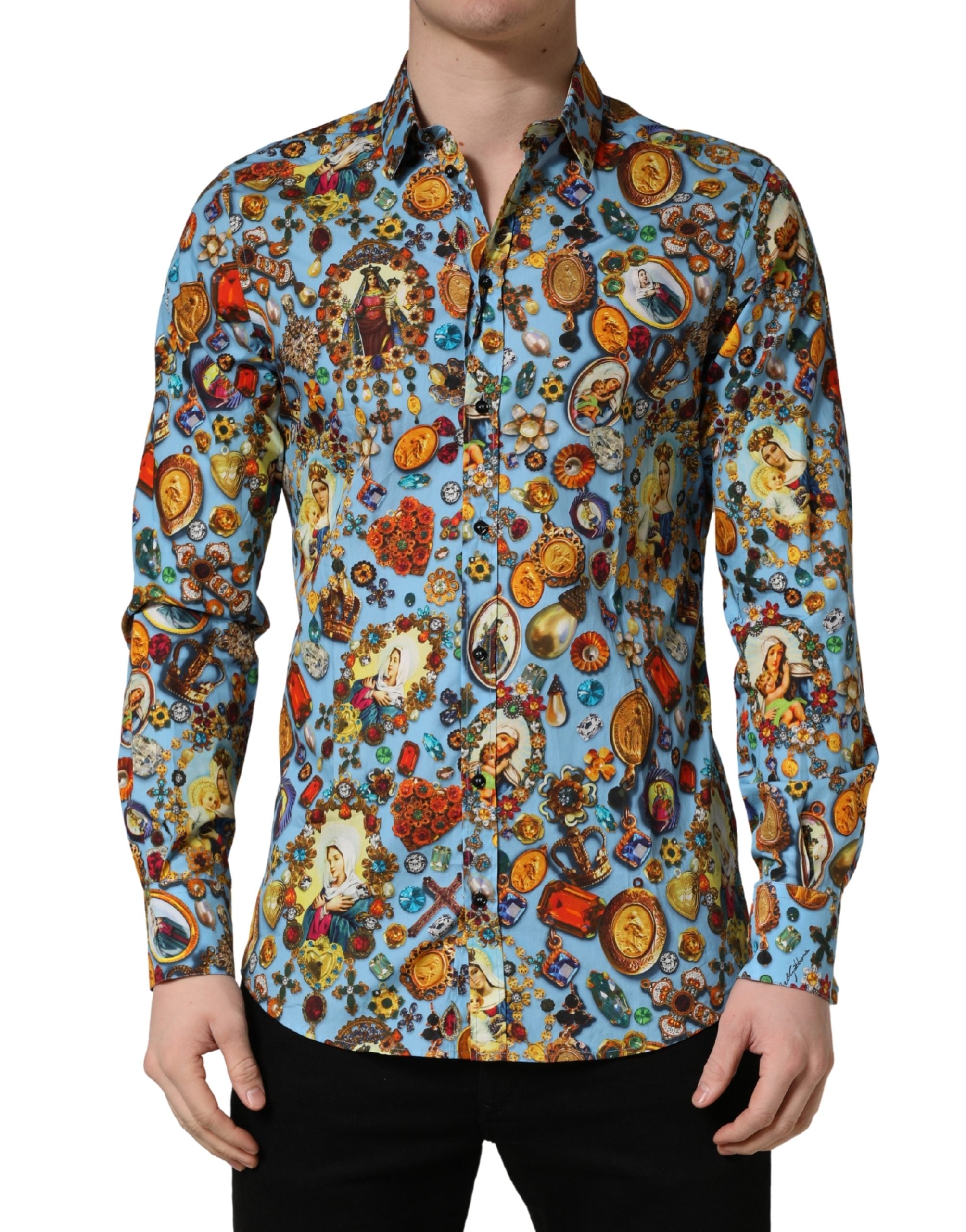 Dolce & Gabbana Blaues Baumwollhemd mit Juwelen-Print und Knöpfen GOLD