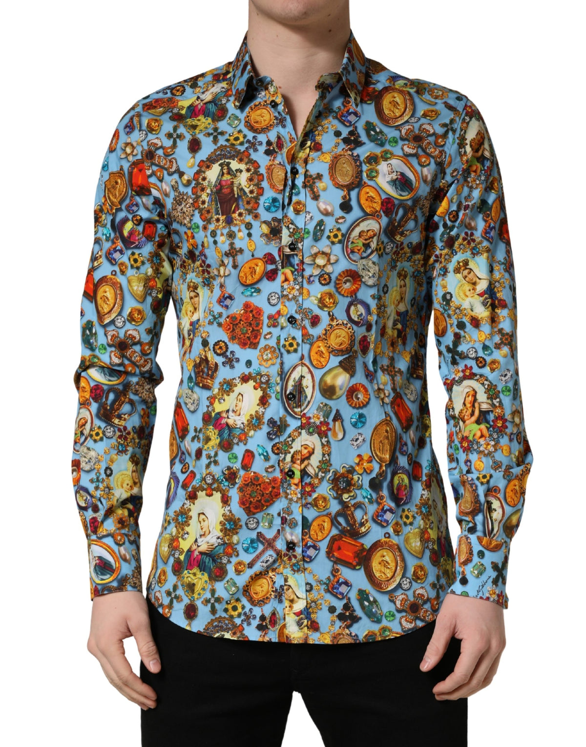 Dolce & Gabbana Blaues Baumwollhemd mit Juwelen-Print und Knöpfen GOLD