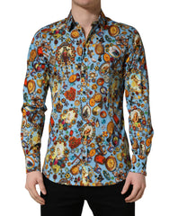 Dolce & Gabbana Blaues Baumwollhemd mit Juwelen-Print und Knöpfen GOLD