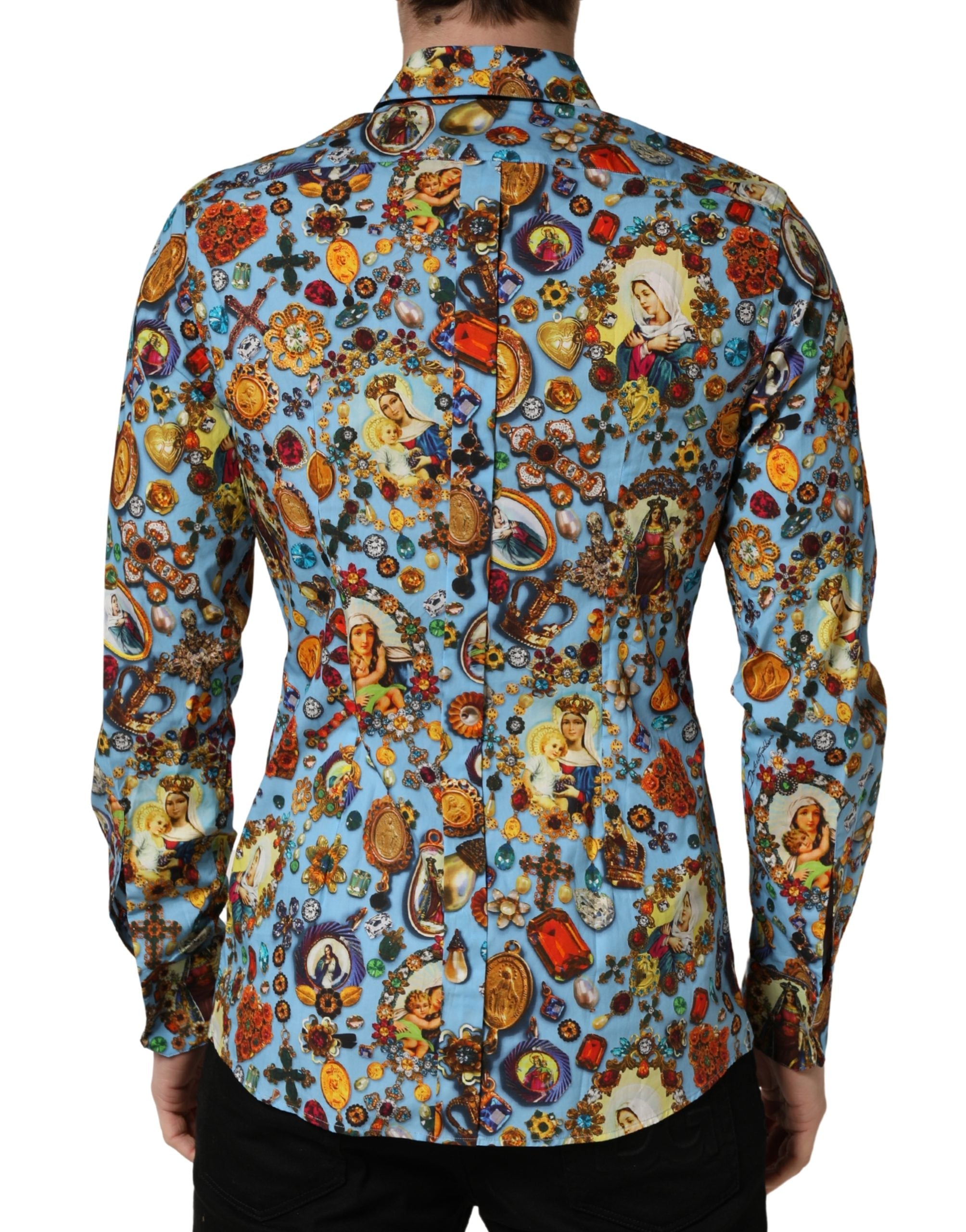 Dolce & Gabbana Blaues Baumwollhemd mit Juwelen-Print und Knöpfen GOLD