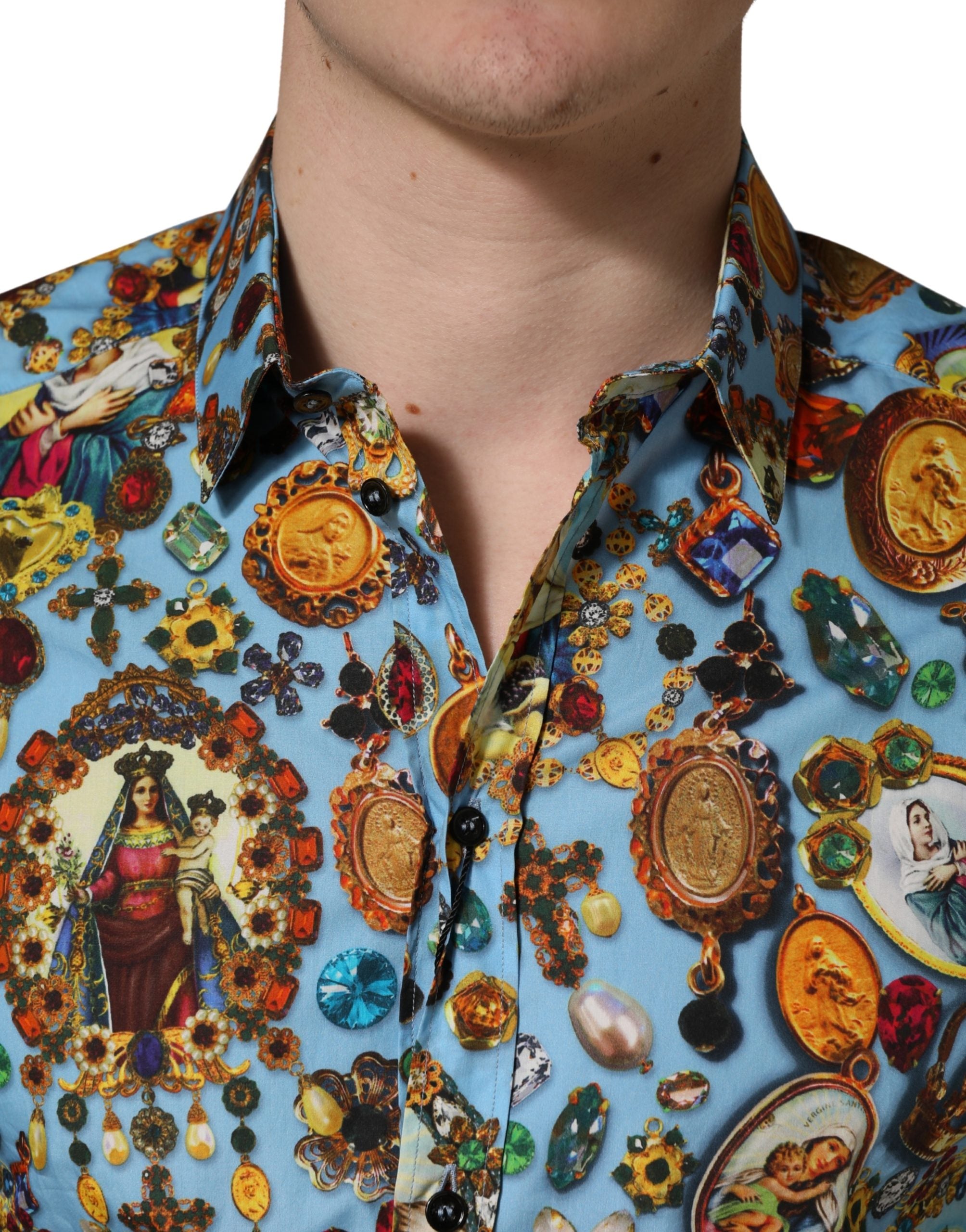 Dolce & Gabbana Blaues Baumwollhemd mit Juwelen-Print und Knöpfen GOLD