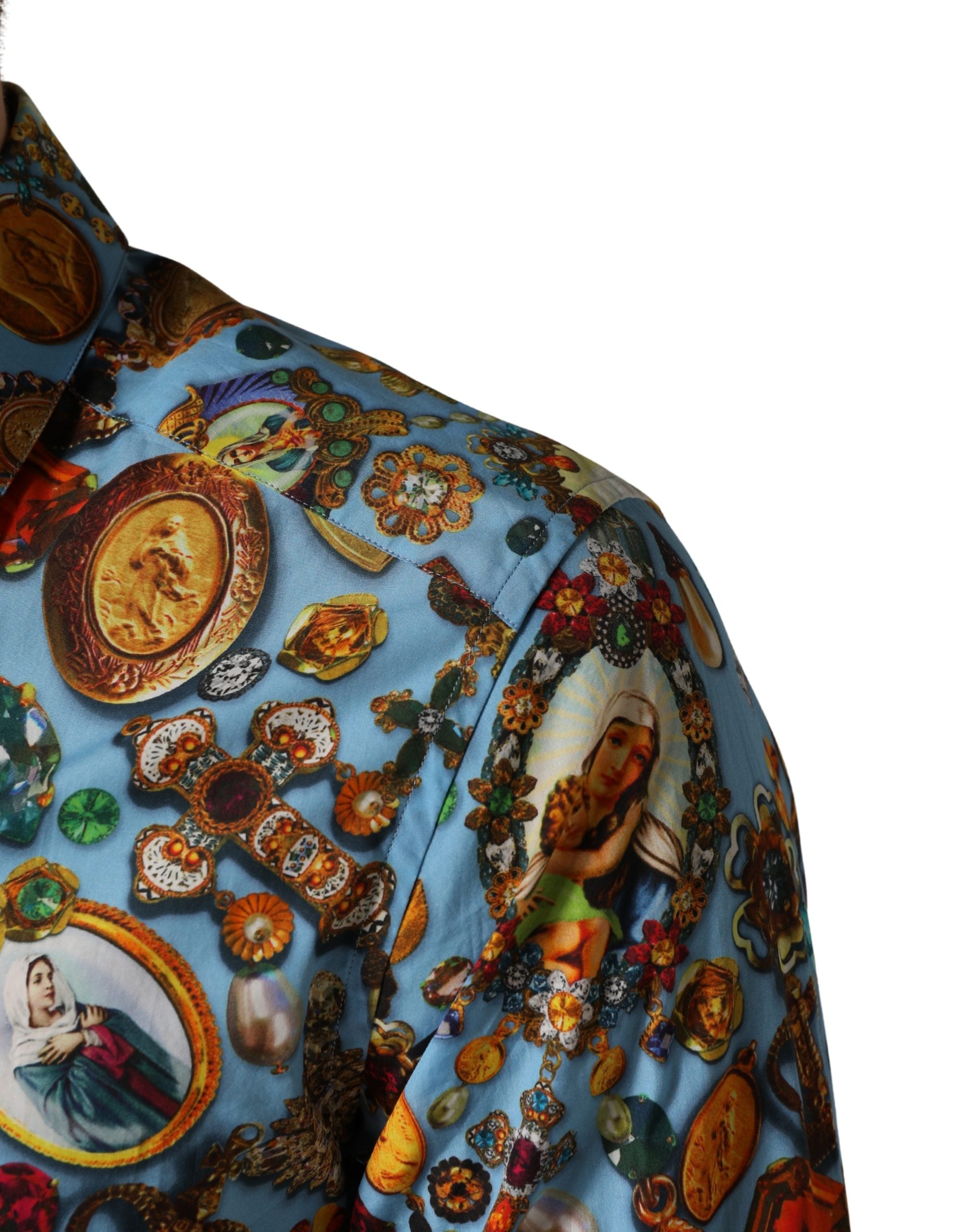 Dolce & Gabbana Blaues Baumwollhemd mit Juwelen-Print und Knöpfen GOLD