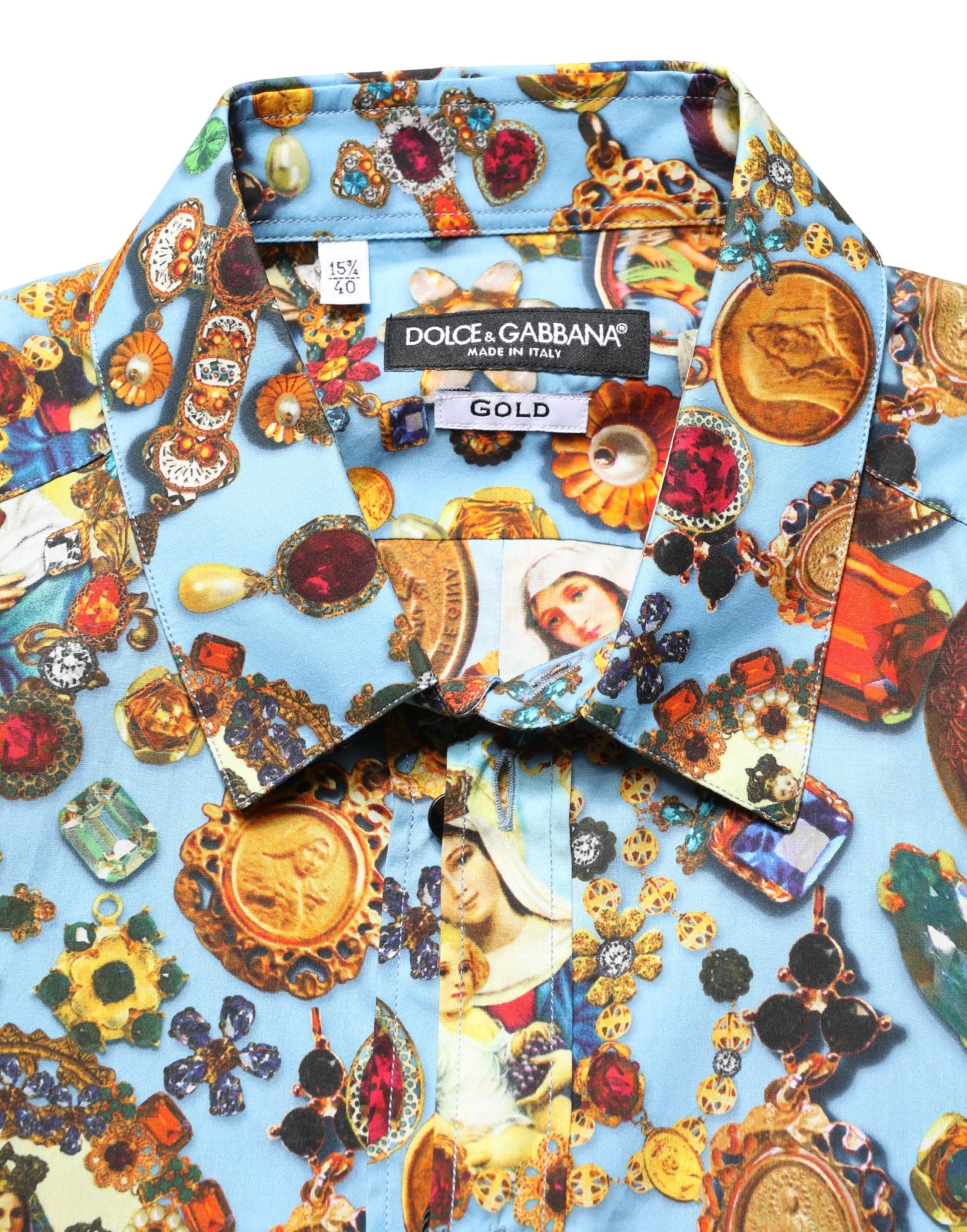 Dolce & Gabbana Blaues Baumwollhemd mit Juwelen-Print und Knöpfen GOLD