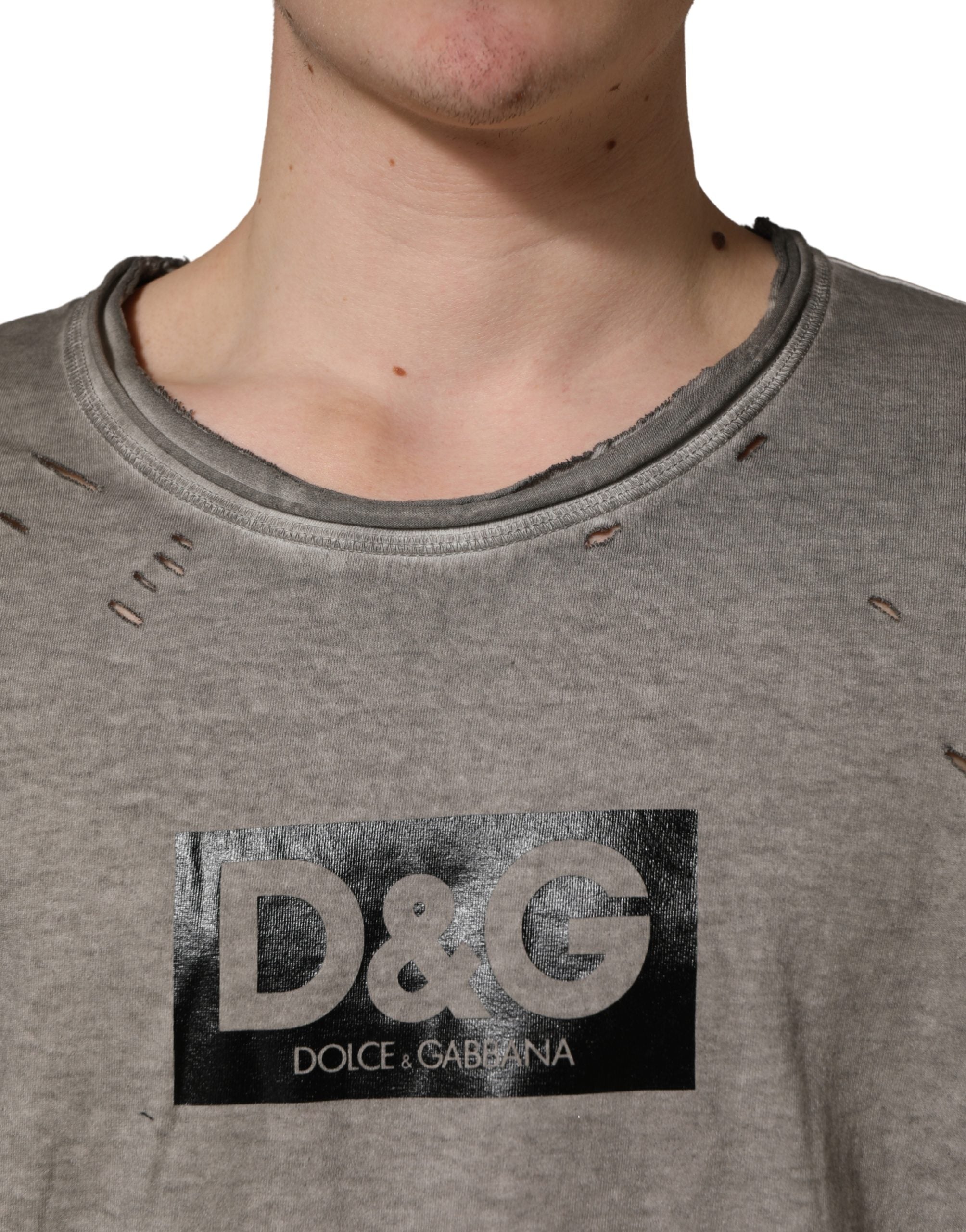 Dolce & Gabbana Graues T-Shirt mit DG-Logoaufdruck und Rundhalsausschnitt aus Baumwolle