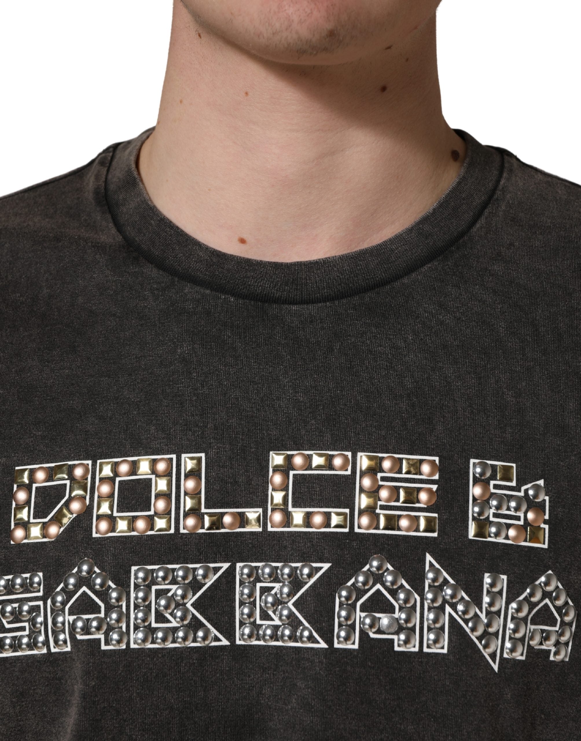 Dolce & Gabbana Graues T-Shirt mit Logo-Applikation und Rundhalsausschnitt für Herren