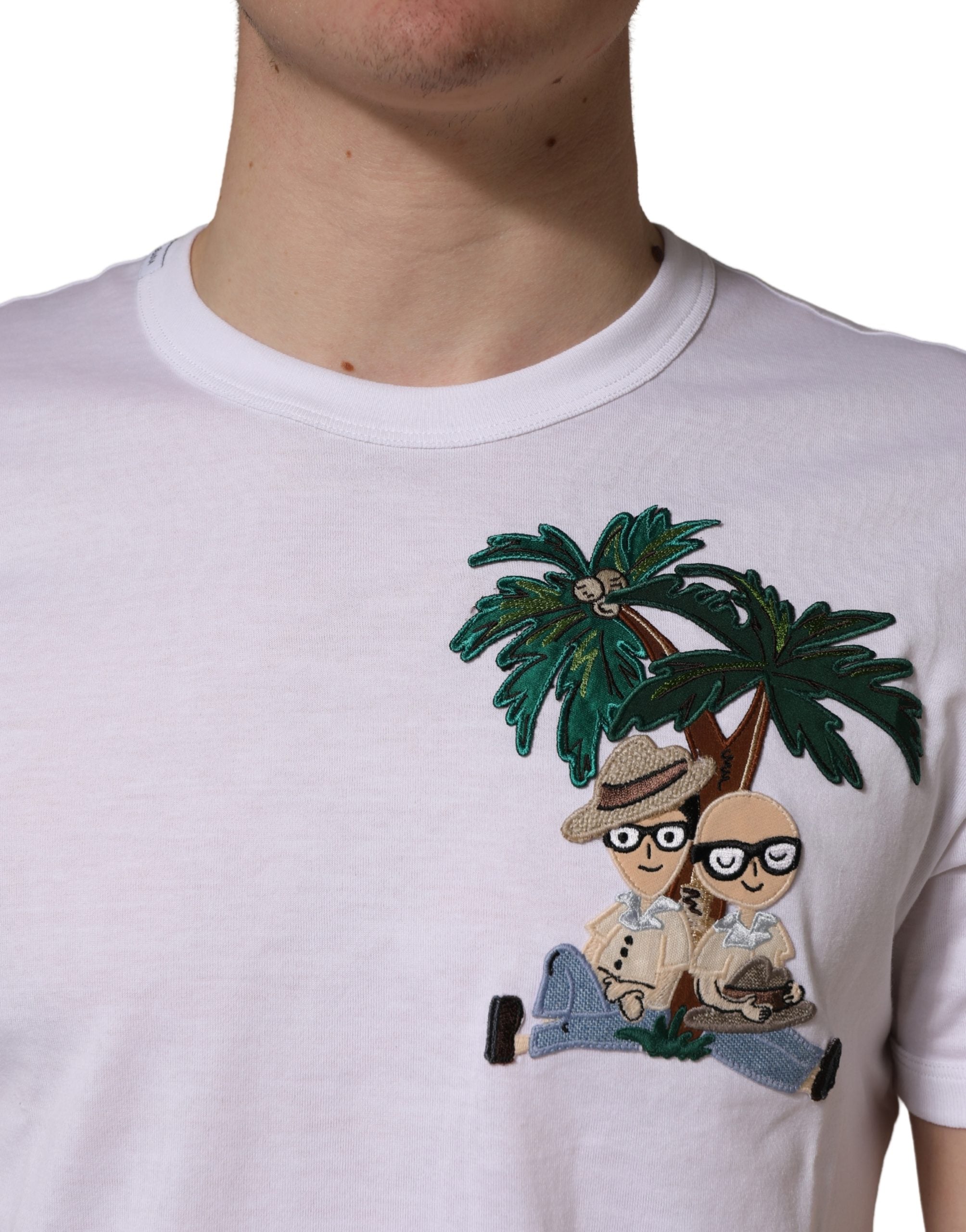 Dolce & Gabbana Weißes T-Shirt für Herren mit Palmenstickerei und Rundhalsausschnitt