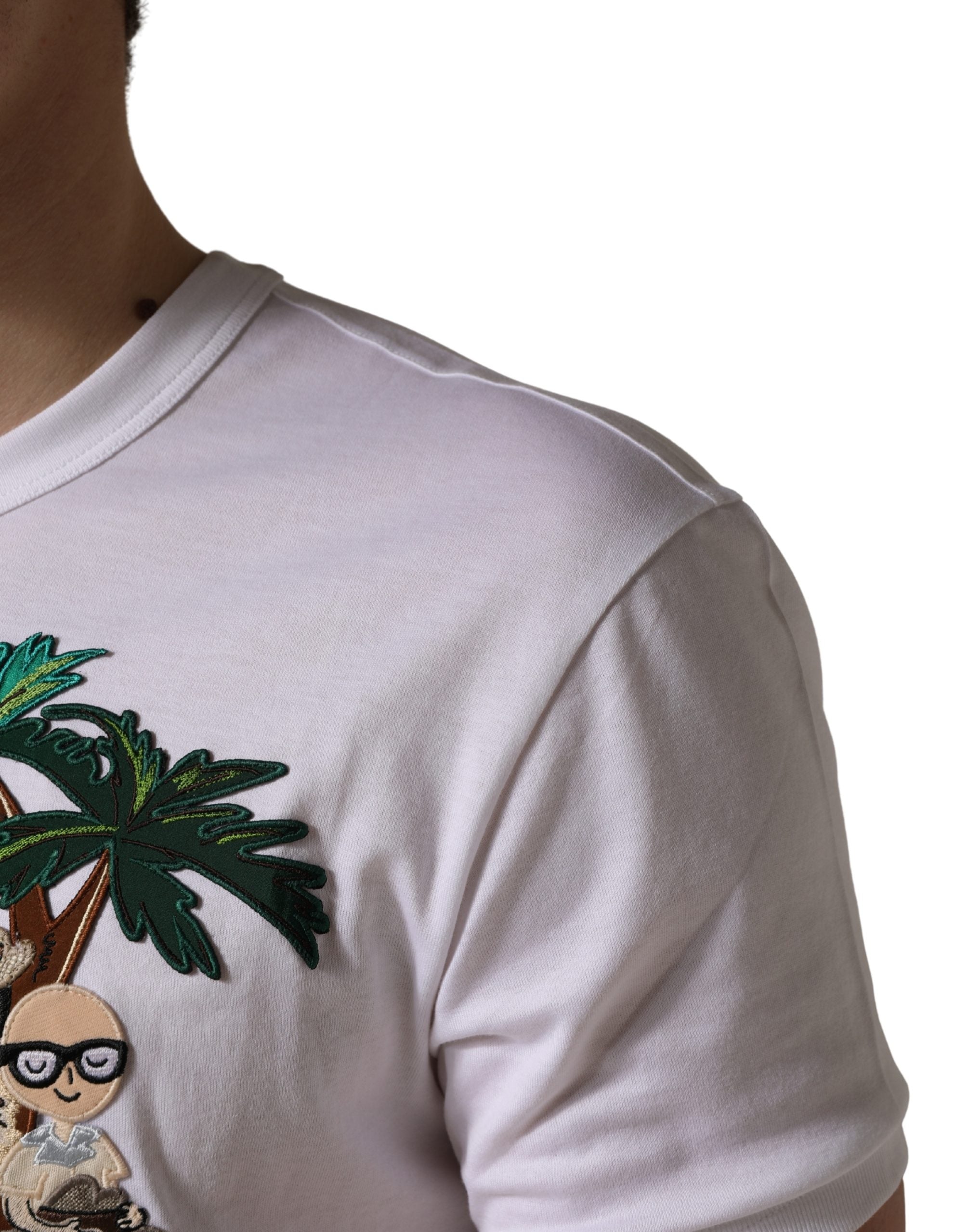 Dolce & Gabbana Weißes T-Shirt für Herren mit Palmenstickerei und Rundhalsausschnitt