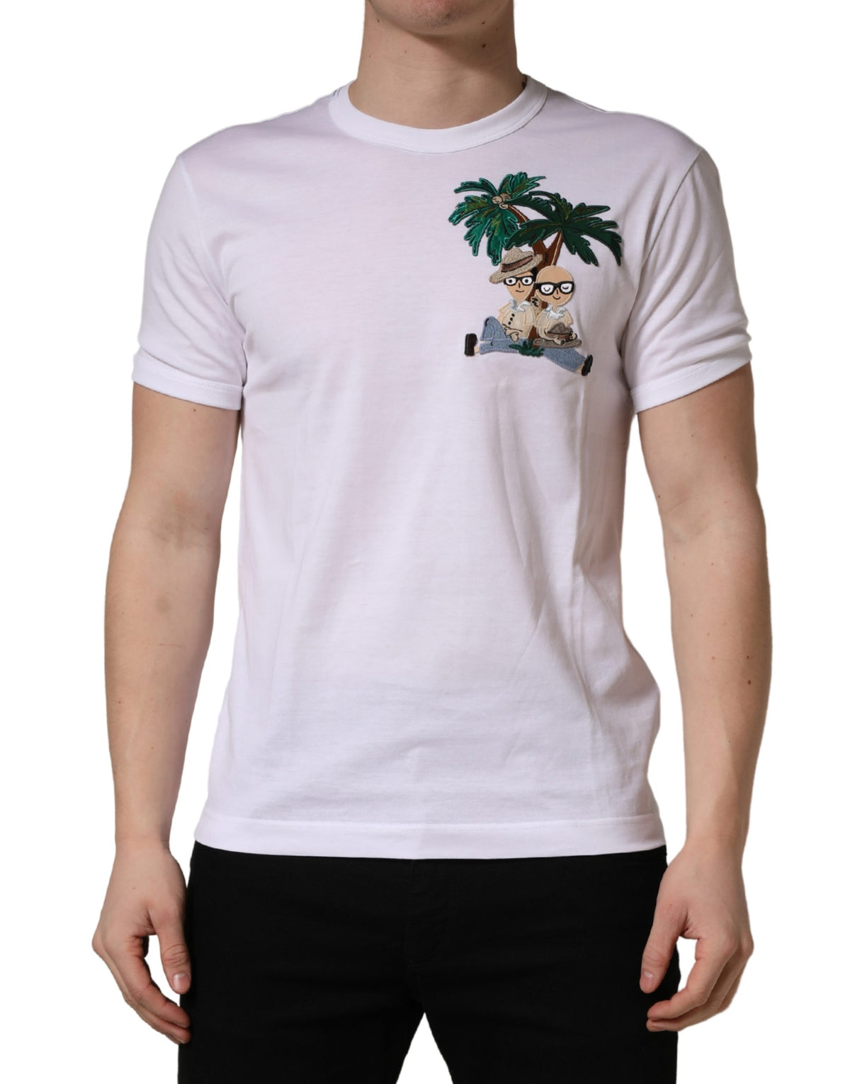 Dolce & Gabbana Weißes T-Shirt für Herren mit Palmenstickerei und Rundhalsausschnitt