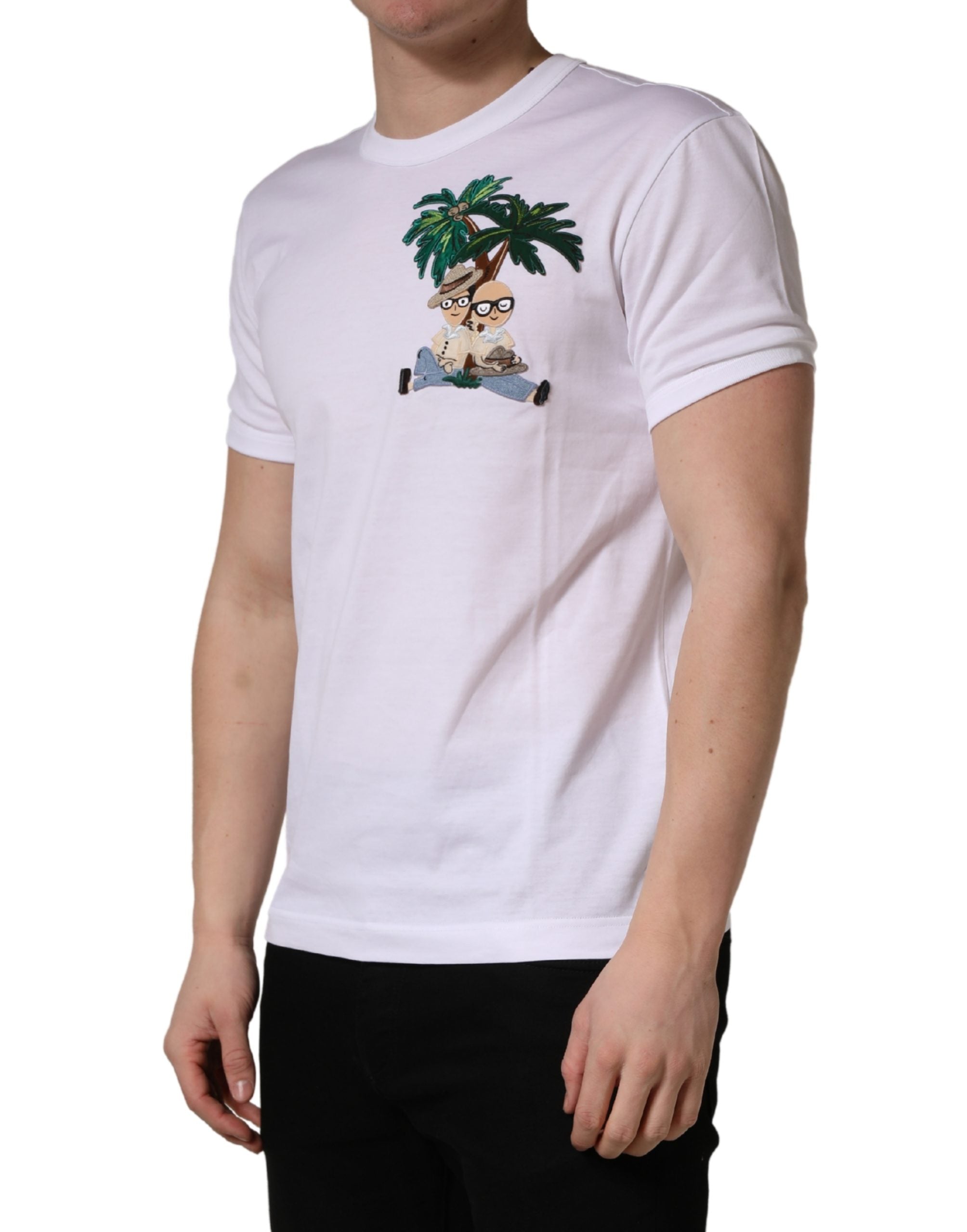 Dolce & Gabbana Weißes T-Shirt für Herren mit Palmenstickerei und Rundhalsausschnitt