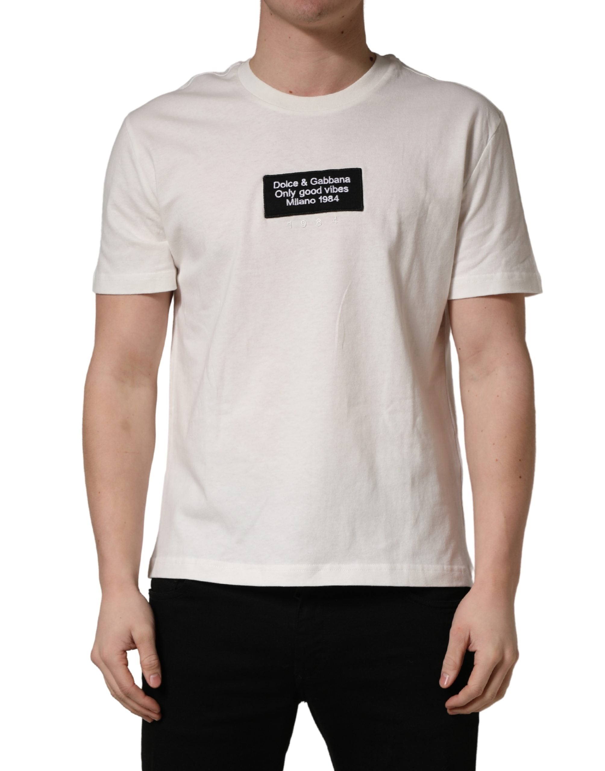 Dolce & Gabbana Weißes Logo-Patch Baumwoll-T-Shirt für Herren mit Rundhalsausschnitt