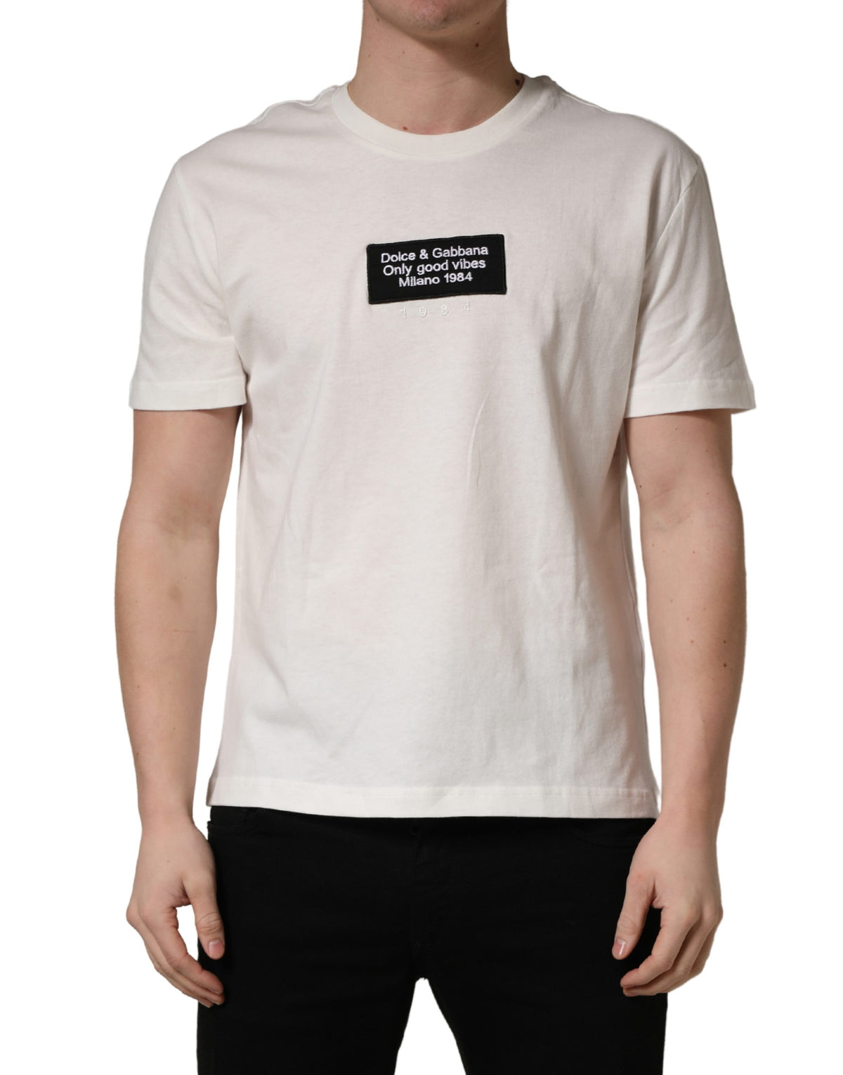 Dolce & Gabbana Weißes Logo-Patch Baumwoll-T-Shirt für Herren mit Rundhalsausschnitt